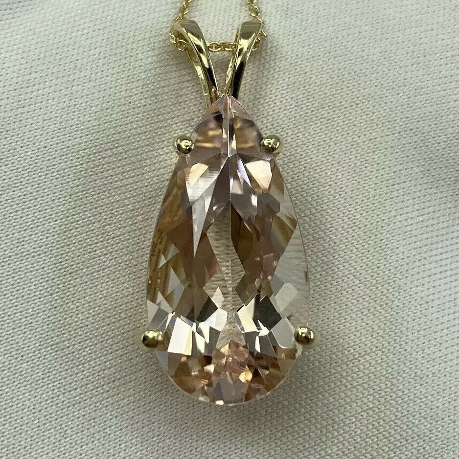 8.57ct FINE Peach Pink Morganite Pear Teardrop Cut Yellow Gold Pendant Necklace — view 5