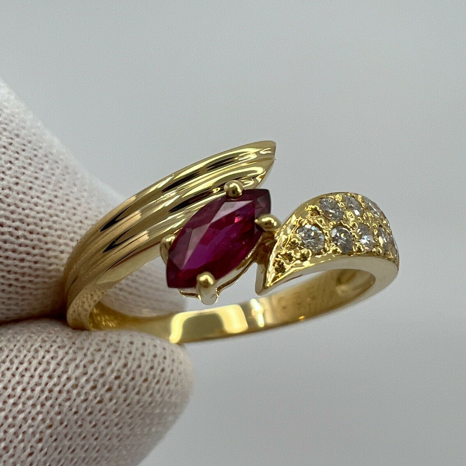 Deep Red Marquise Cut Ruby & Pave Diamond 18k Yellow Gold Cluster Fancy Ring — view 2