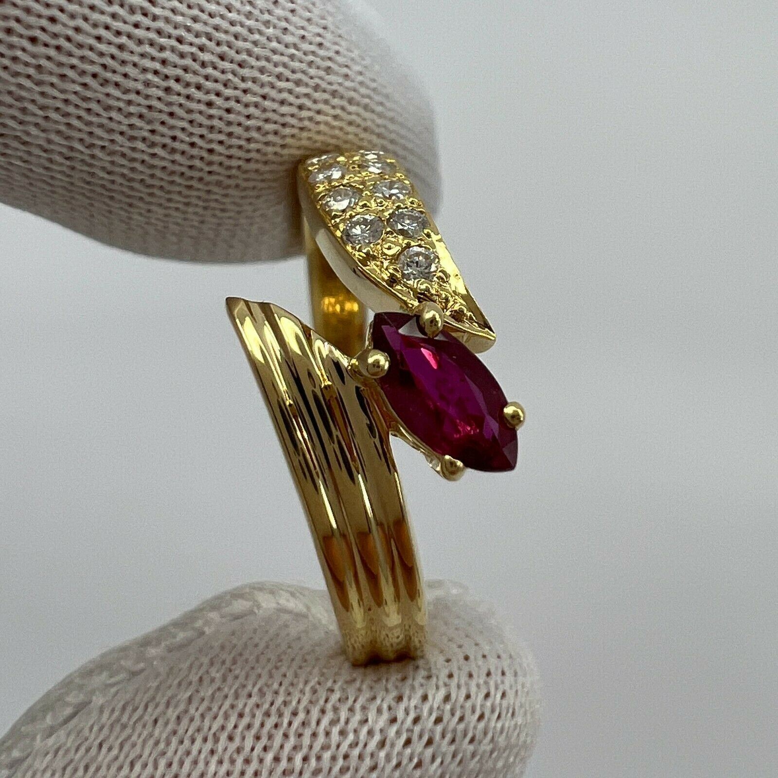 Deep Red Marquise Cut Ruby & Pave Diamond 18k Yellow Gold Cluster Fancy Ring — view 3