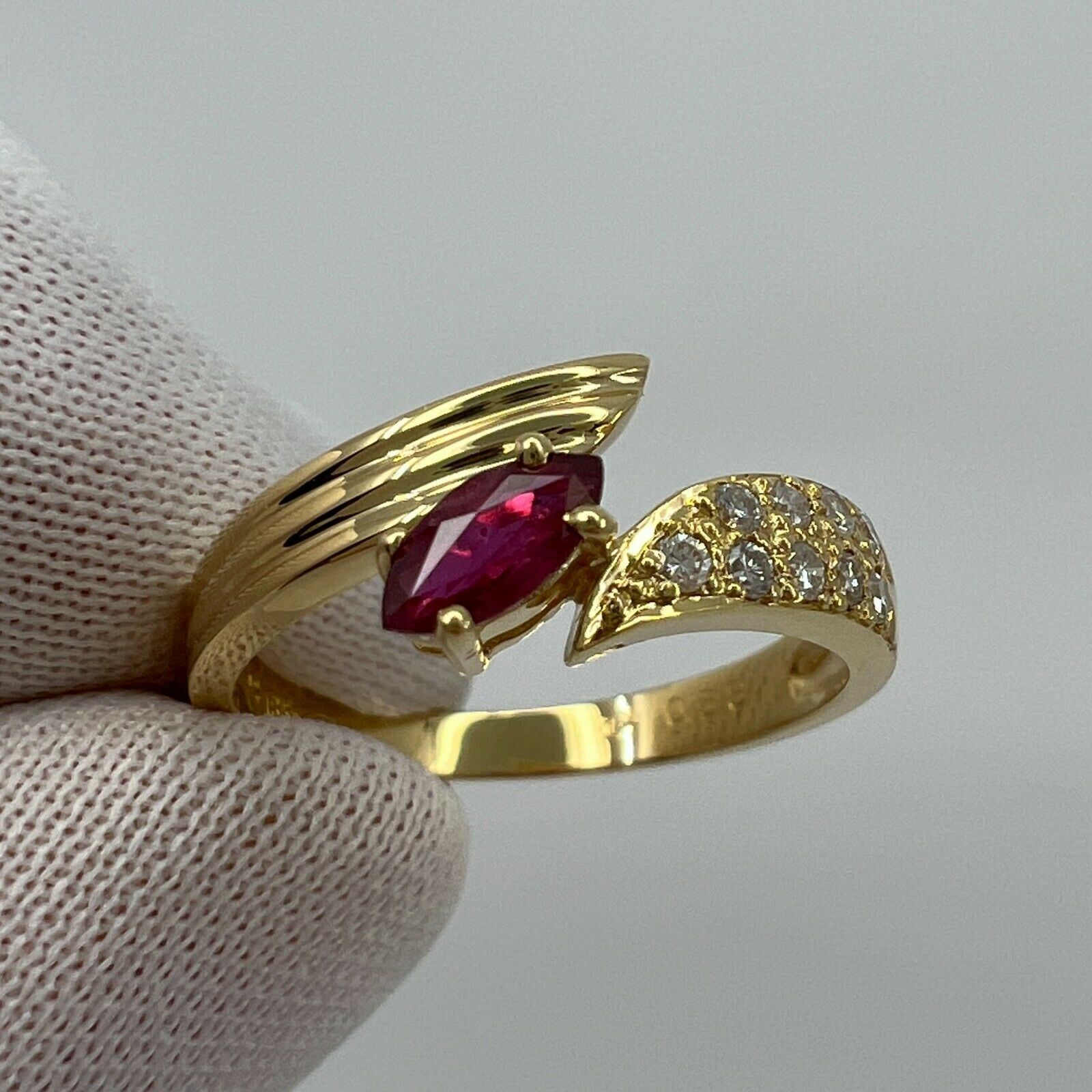 Deep Red Marquise Cut Ruby & Pave Diamond 18k Yellow Gold Cluster Fancy Ring — view 4