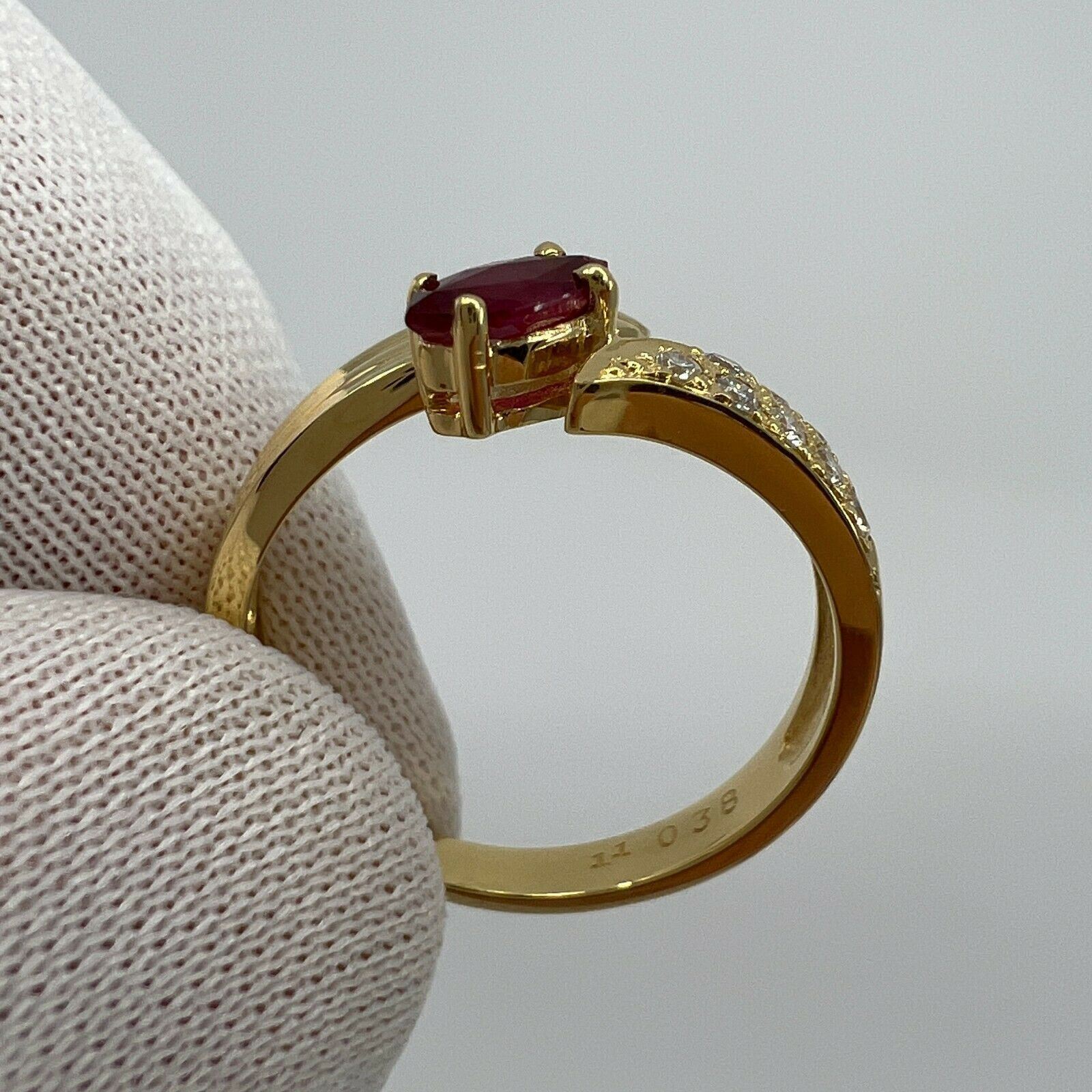 Deep Red Marquise Cut Ruby & Pave Diamond 18k Yellow Gold Cluster Fancy Ring — view 5