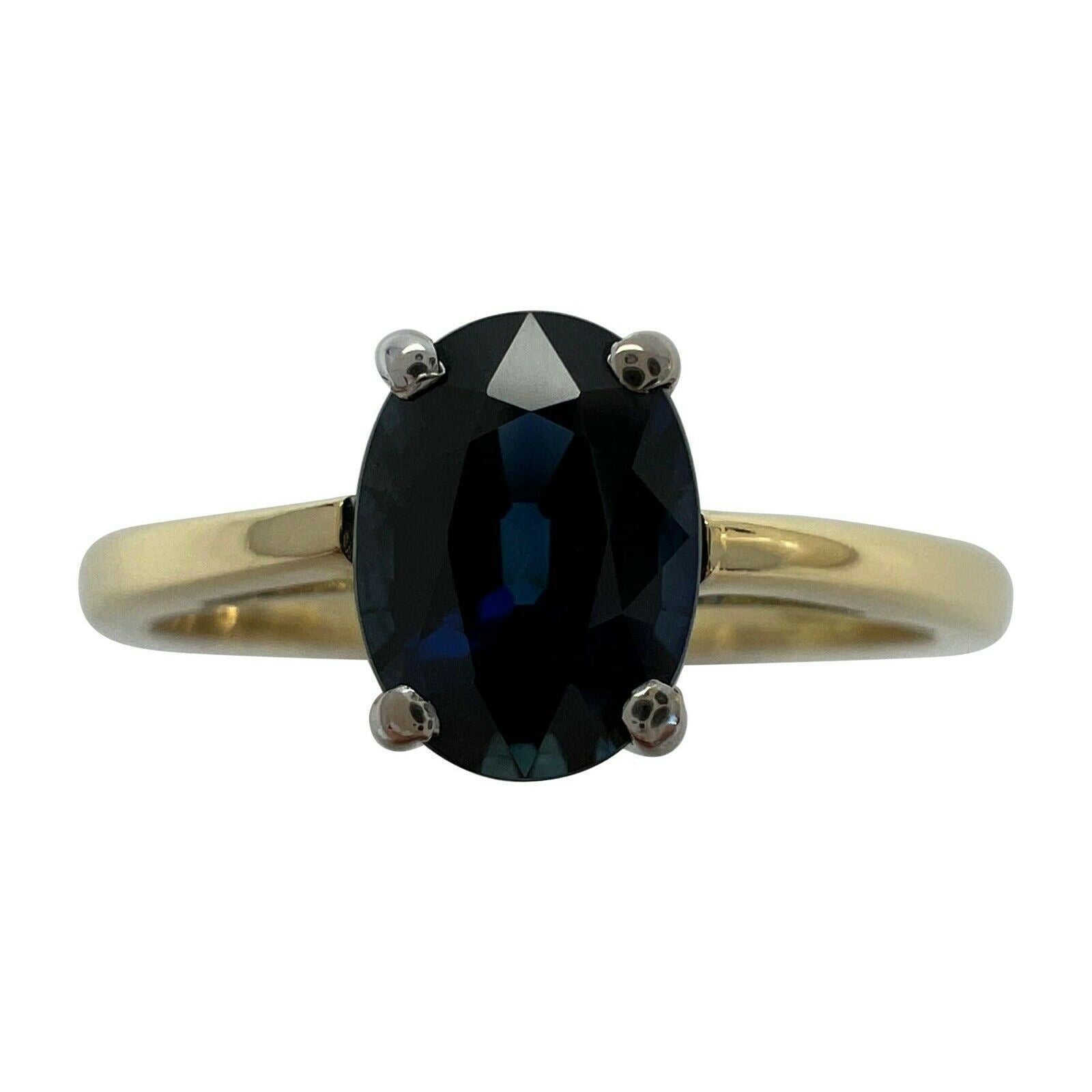 FINE 1.13ct Natural Deep Blue Sapphire Oval 18k White Yellow Gold Solitaire Ring
