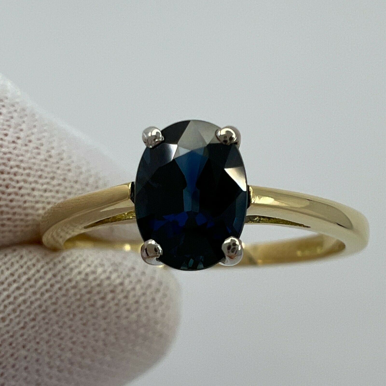 FINE 1.13ct Natural Deep Blue Sapphire Oval 18k White Yellow Gold Solitaire Ring — view 2
