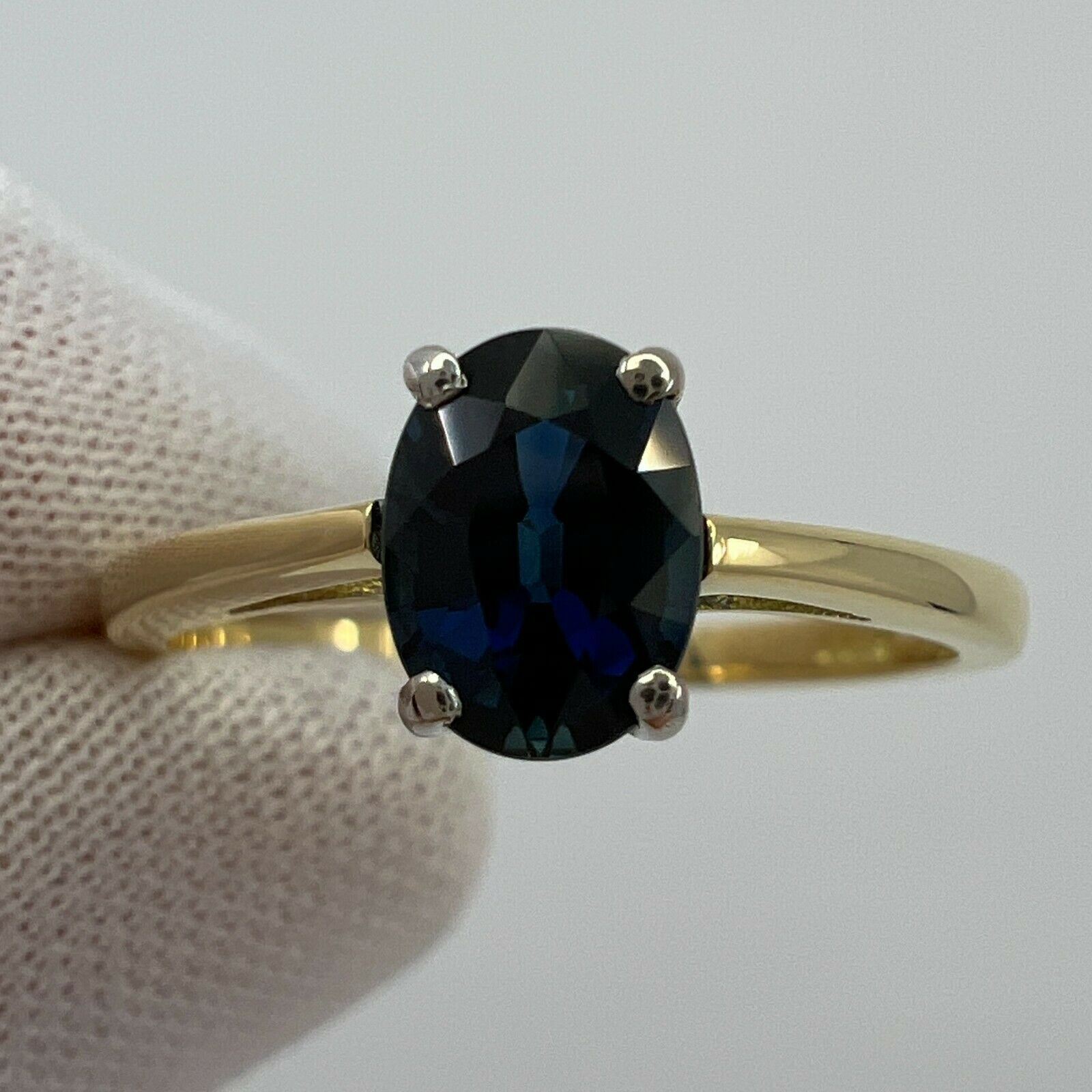 FINE 1.13ct Natural Deep Blue Sapphire Oval 18k White Yellow Gold Solitaire Ring — view 4