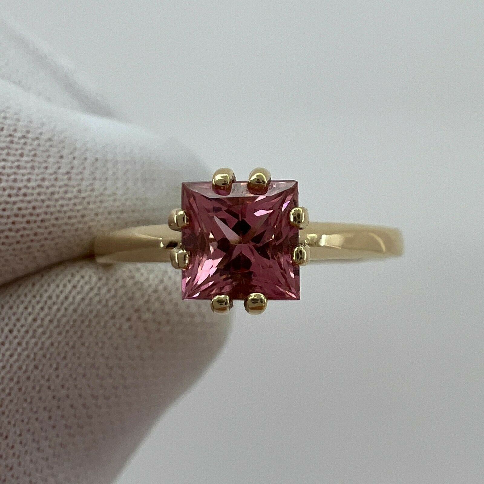Vivid Pink Tourmaline Custom Square Princess Cut Yellow Gold Solitaire Ring — view 2