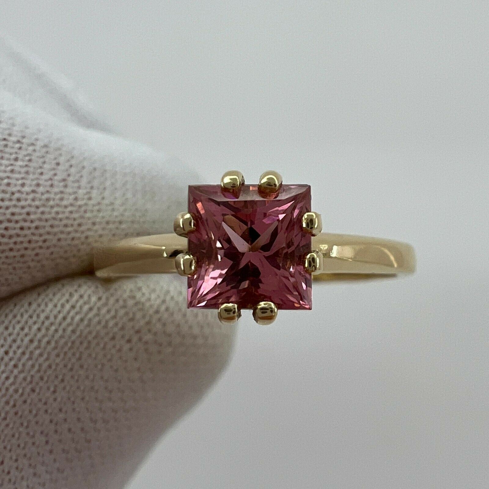Vivid Pink Tourmaline Custom Square Princess Cut Yellow Gold Solitaire Ring — view 3