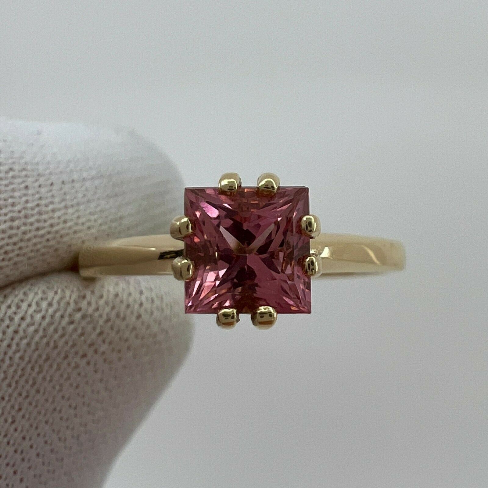 Vivid Pink Tourmaline Custom Square Princess Cut Yellow Gold Solitaire Ring — view 4