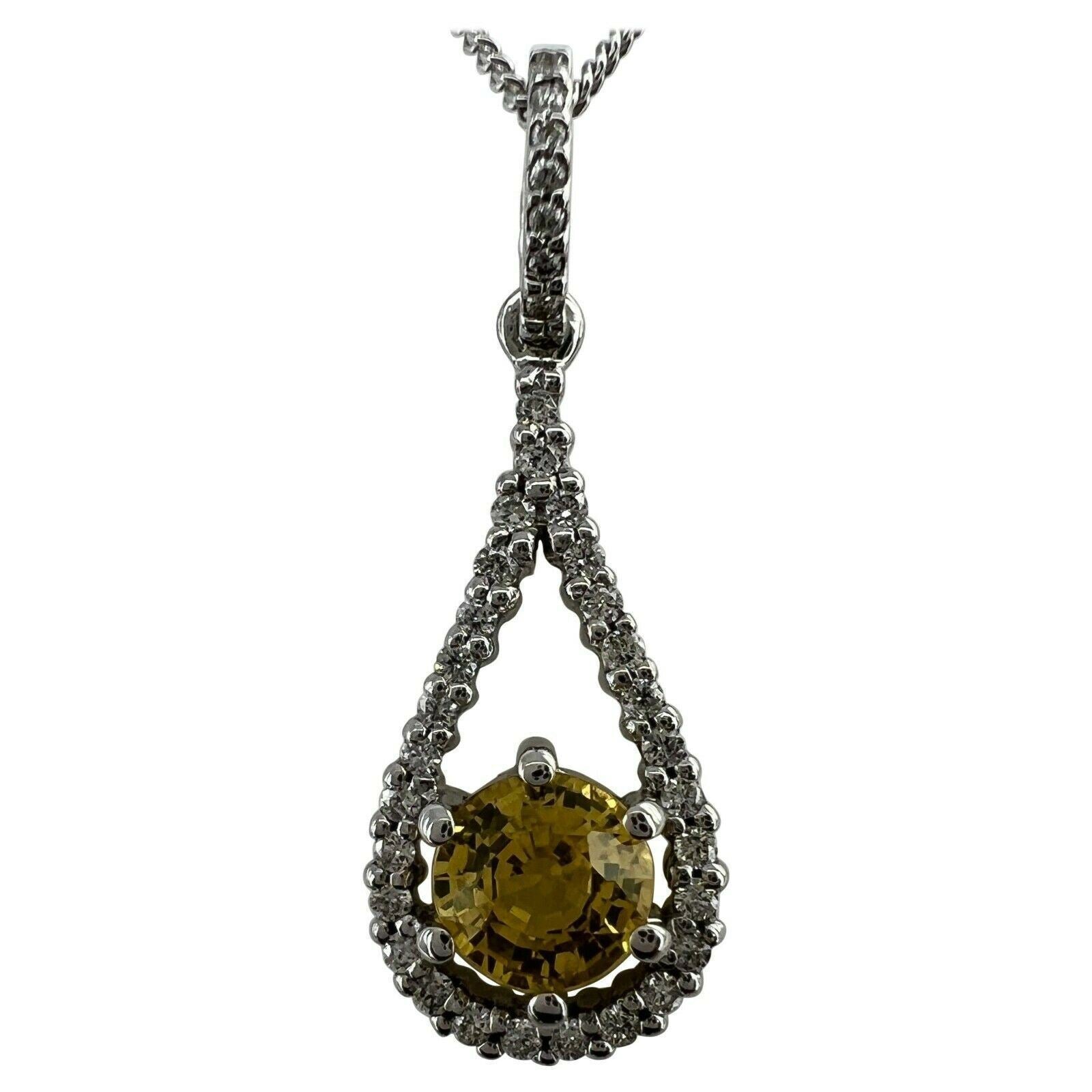 Certified UNTREATED Vivid Yellow Sapphire & Diamond 18k White Gold Pendant — view 1