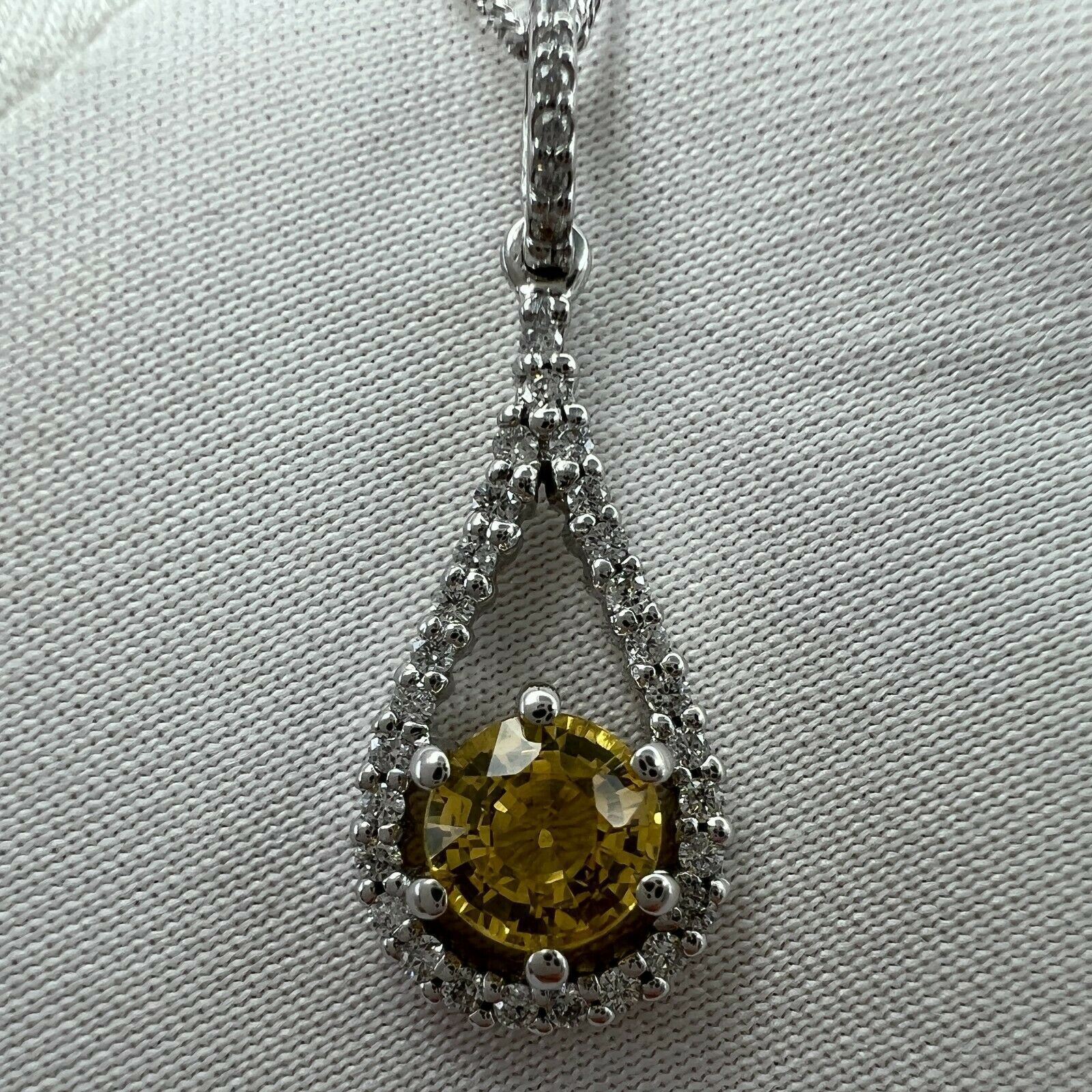 Certified UNTREATED Vivid Yellow Sapphire & Diamond 18k White Gold Pendant — view 2