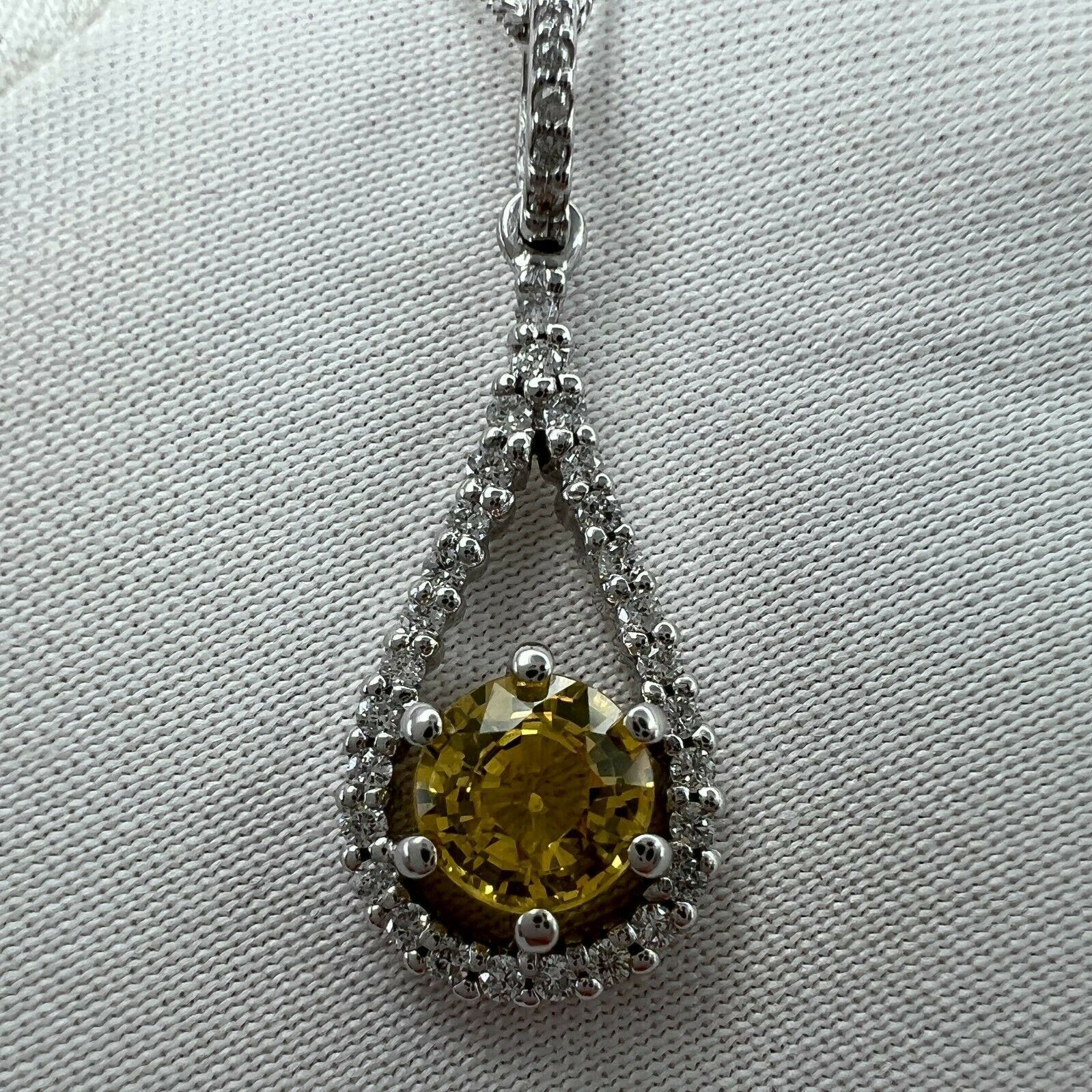 Certified UNTREATED Vivid Yellow Sapphire & Diamond 18k White Gold Pendant — view 3