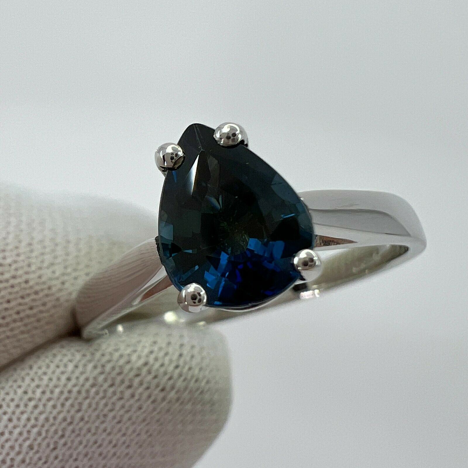 1.30ct Royal Blue Australian Sapphire Pear Cut 18k White Gold Solitaire Ring — view 2