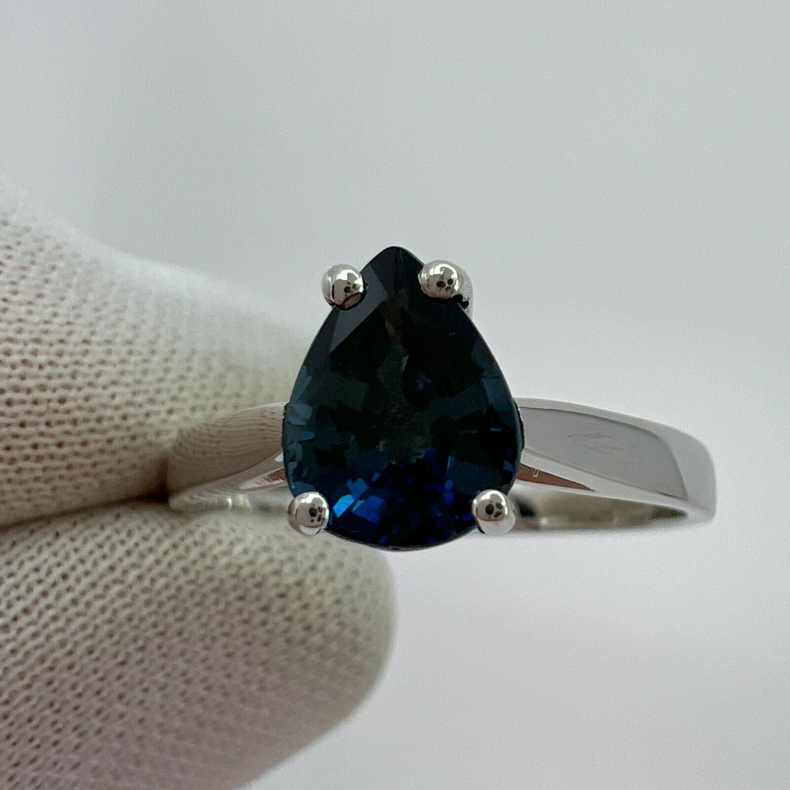 1.30ct Royal Blue Australian Sapphire Pear Cut 18k White Gold Solitaire Ring — view 3