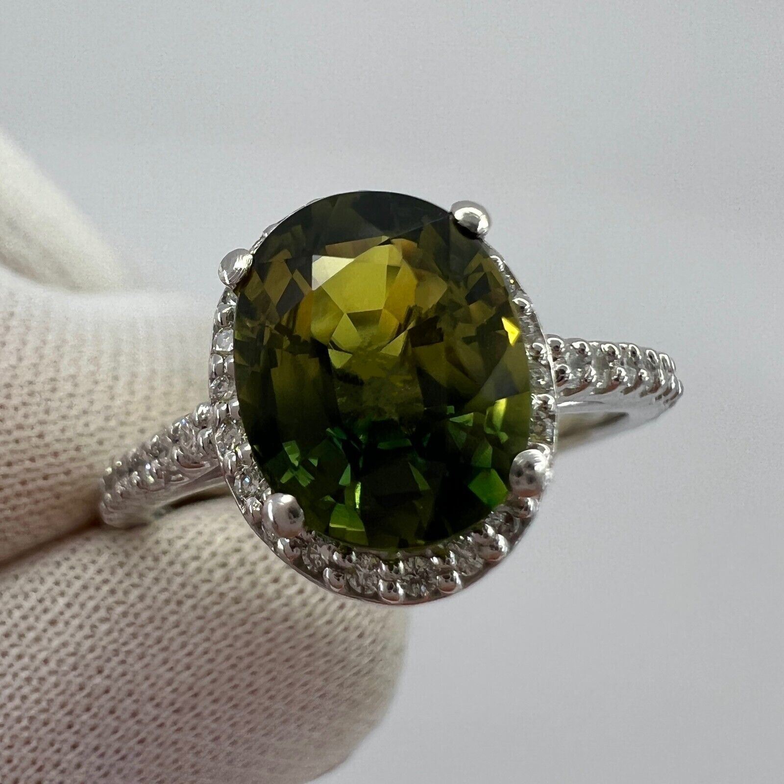 2.61ct Bi Colour Green Yellow Australian Sapphire & Diamond Platinum Halo Ring — view 2