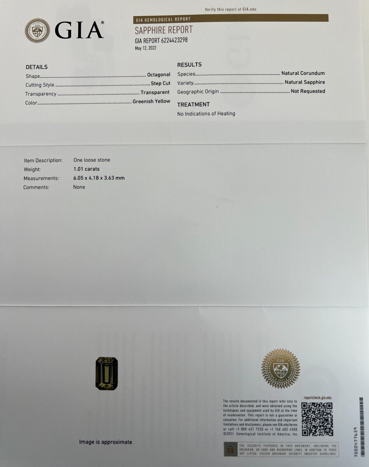 GIA CERTIFIED 1.01 UNTREATED Vivid Green Yellow Sapphire Emerald Octagon Cut Gem — view 2