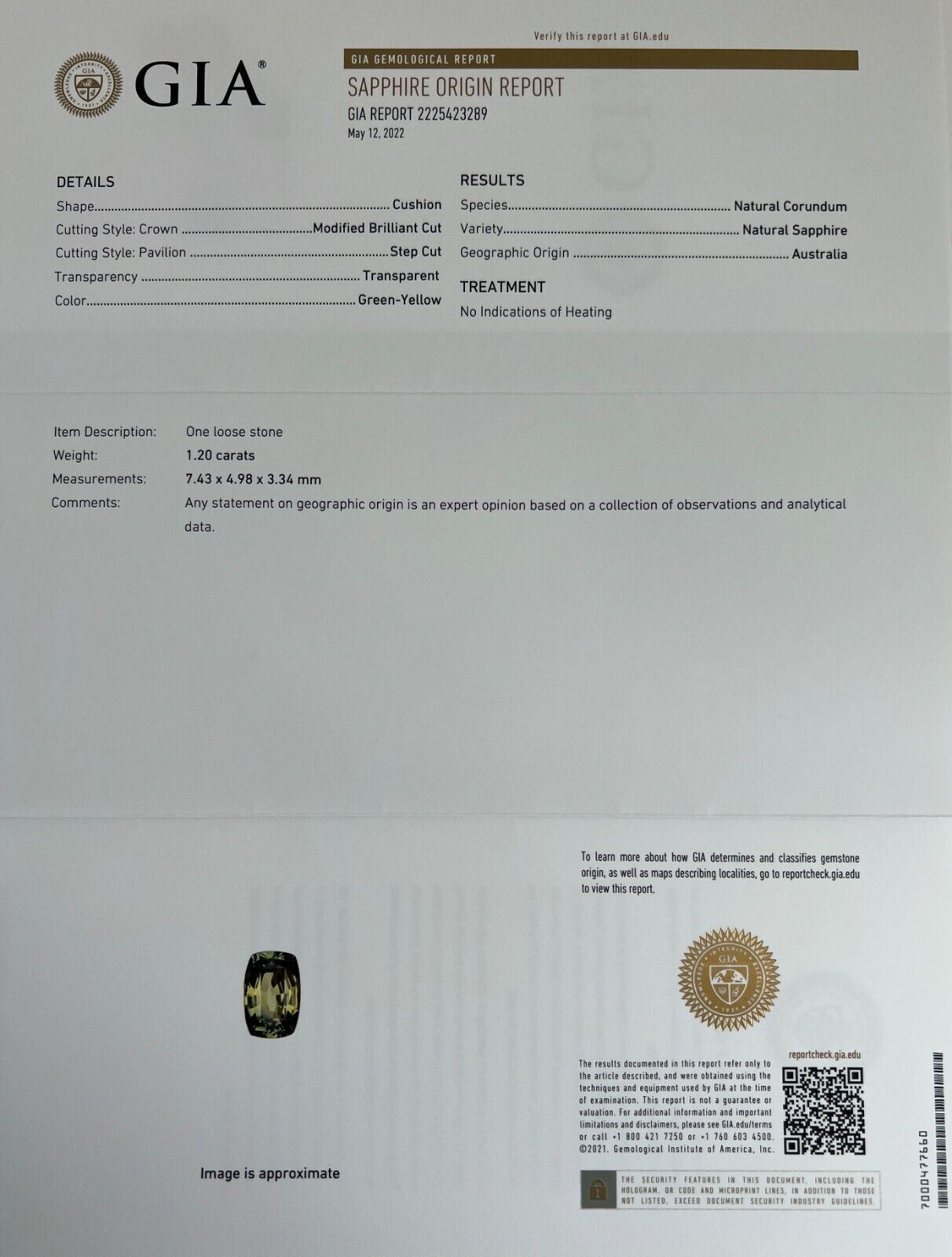 1.20ct GIA CERTIFIED Australia Sapphire No Heat Green Yellow Antique Cushion Cut — view 2
