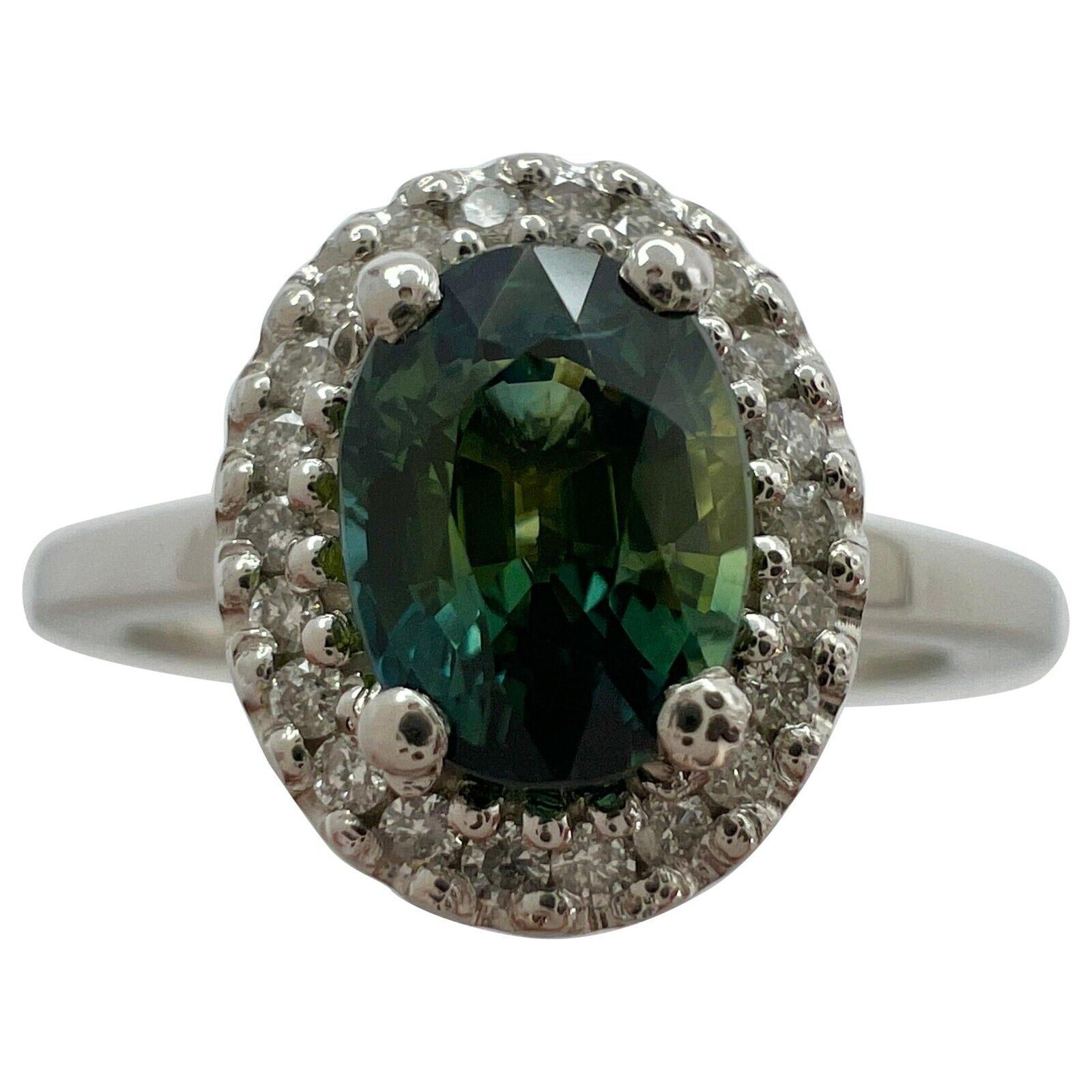 GIA CERTIFIED Bi Colour No Heat Green Blue Sapphire & Diamond Platinum Halo Ring