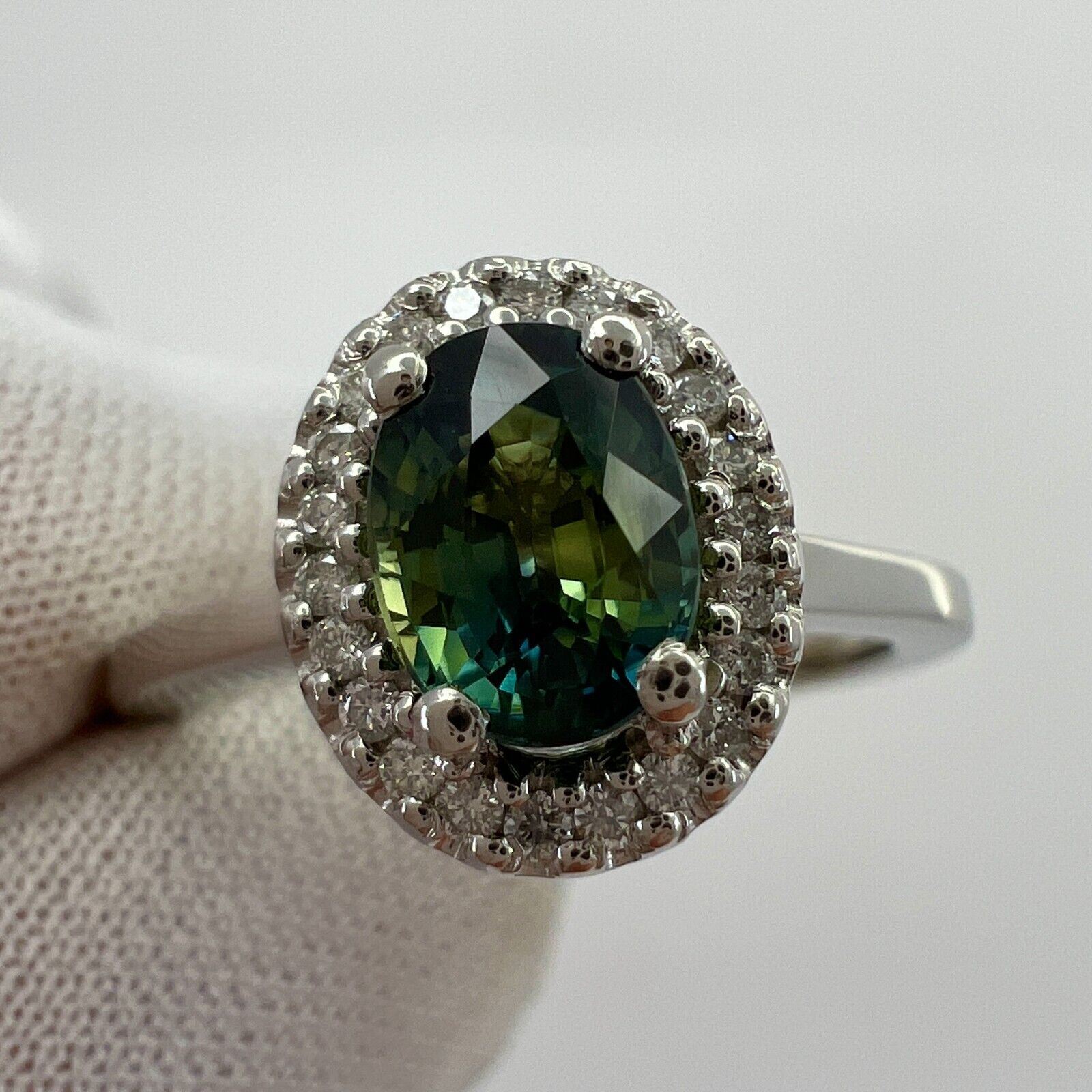 GIA CERTIFIED Bi Colour No Heat Green Blue Sapphire & Diamond Platinum Halo Ring — view 3