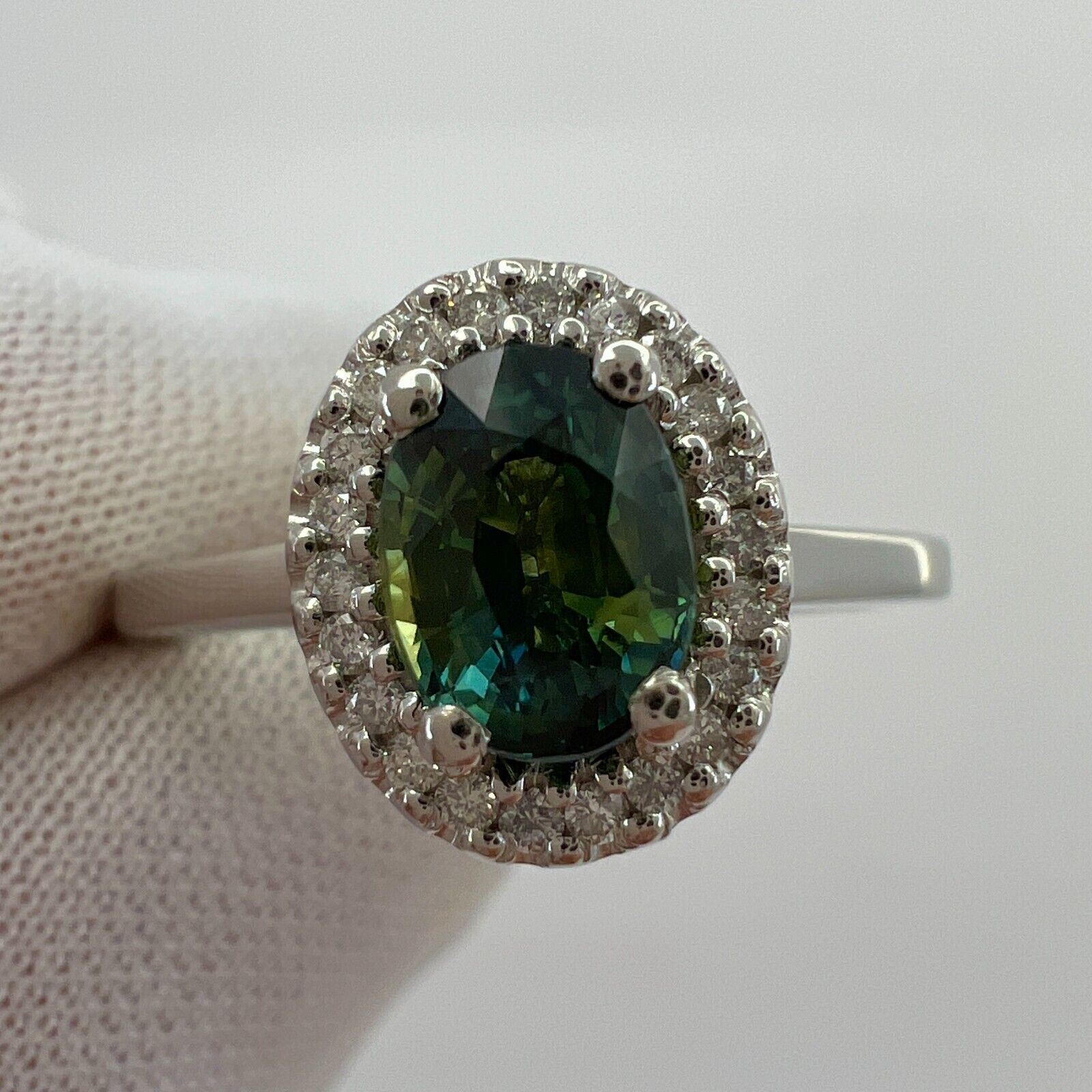 GIA CERTIFIED Bi Colour No Heat Green Blue Sapphire & Diamond Platinum Halo Ring — view 4
