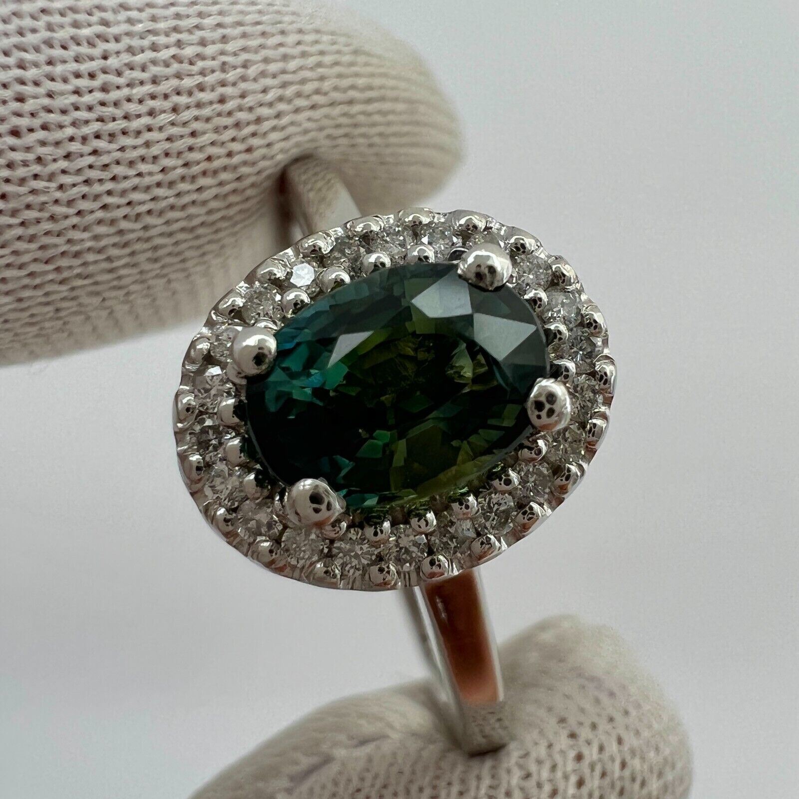 GIA CERTIFIED Bi Colour No Heat Green Blue Sapphire & Diamond Platinum Halo Ring — view 5