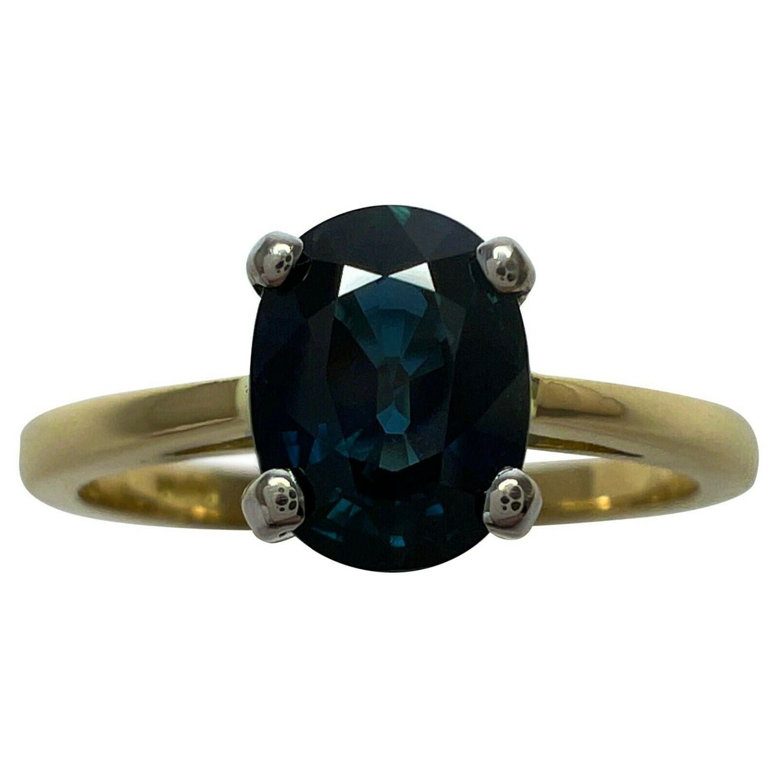 FINE 1.47ct Teal Blue Sapphire Oval Cut 18k Yellow & White Gold Solitaire Ring — view 1