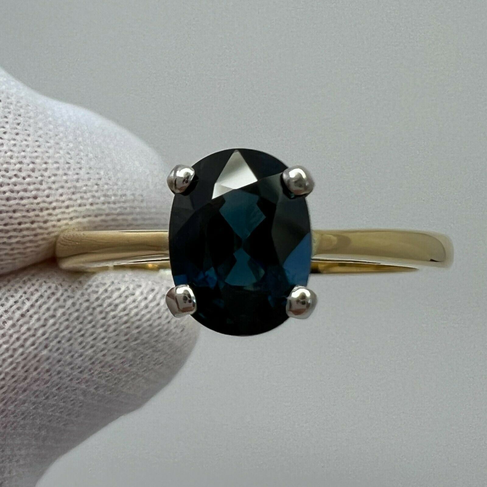 FINE 1.47ct Teal Blue Sapphire Oval Cut 18k Yellow & White Gold Solitaire Ring — view 2