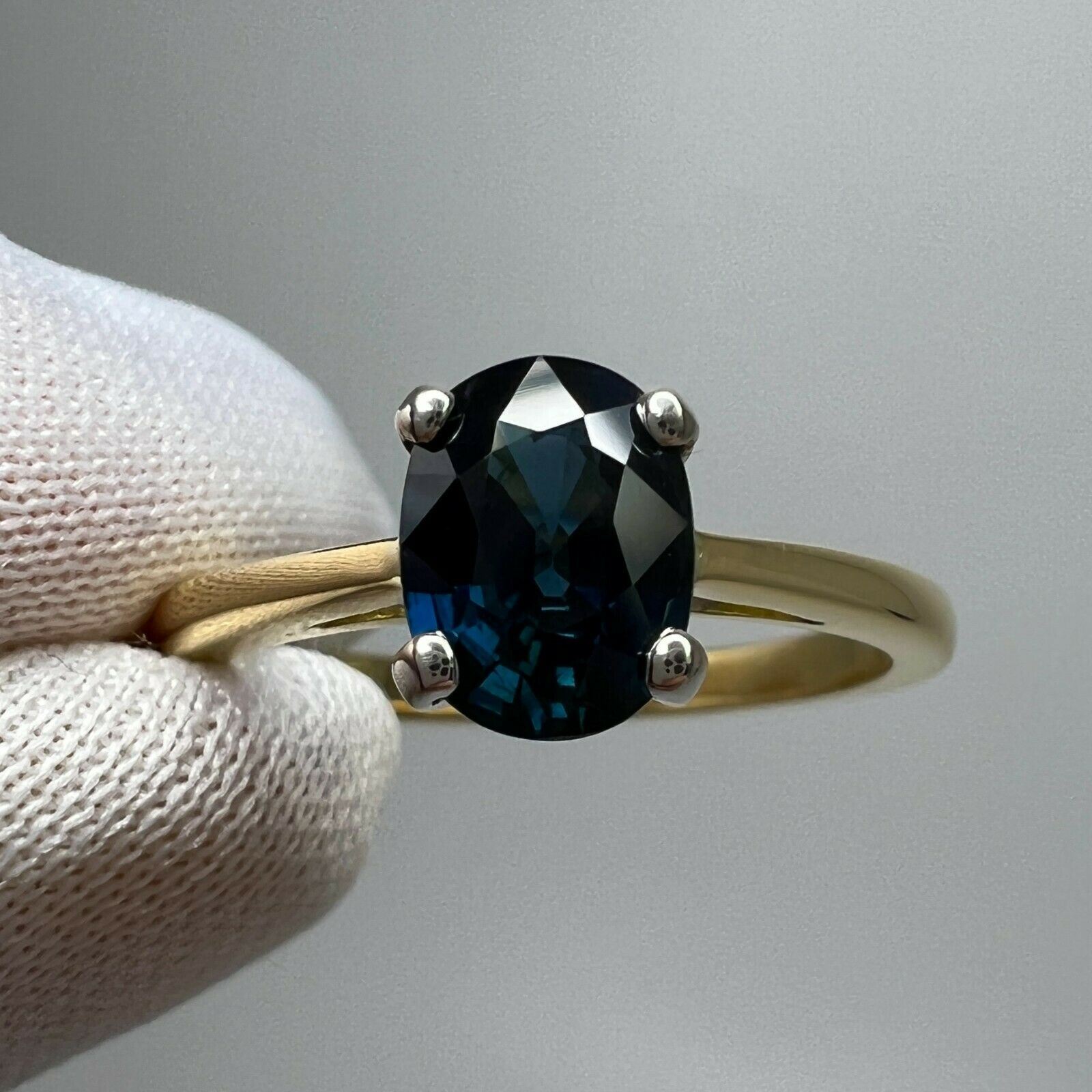 FINE 1.47ct Teal Blue Sapphire Oval Cut 18k Yellow & White Gold Solitaire Ring — view 5