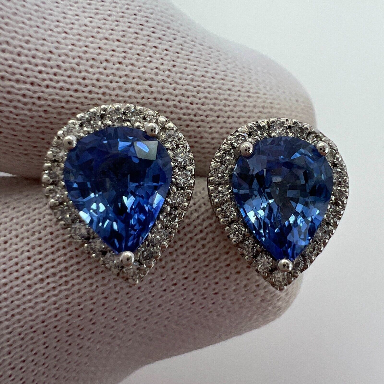 2.70ct Fine Blue Ceylon Sapphire Diamond 18k White Gold Pear Halo Stud Earrings — view 2