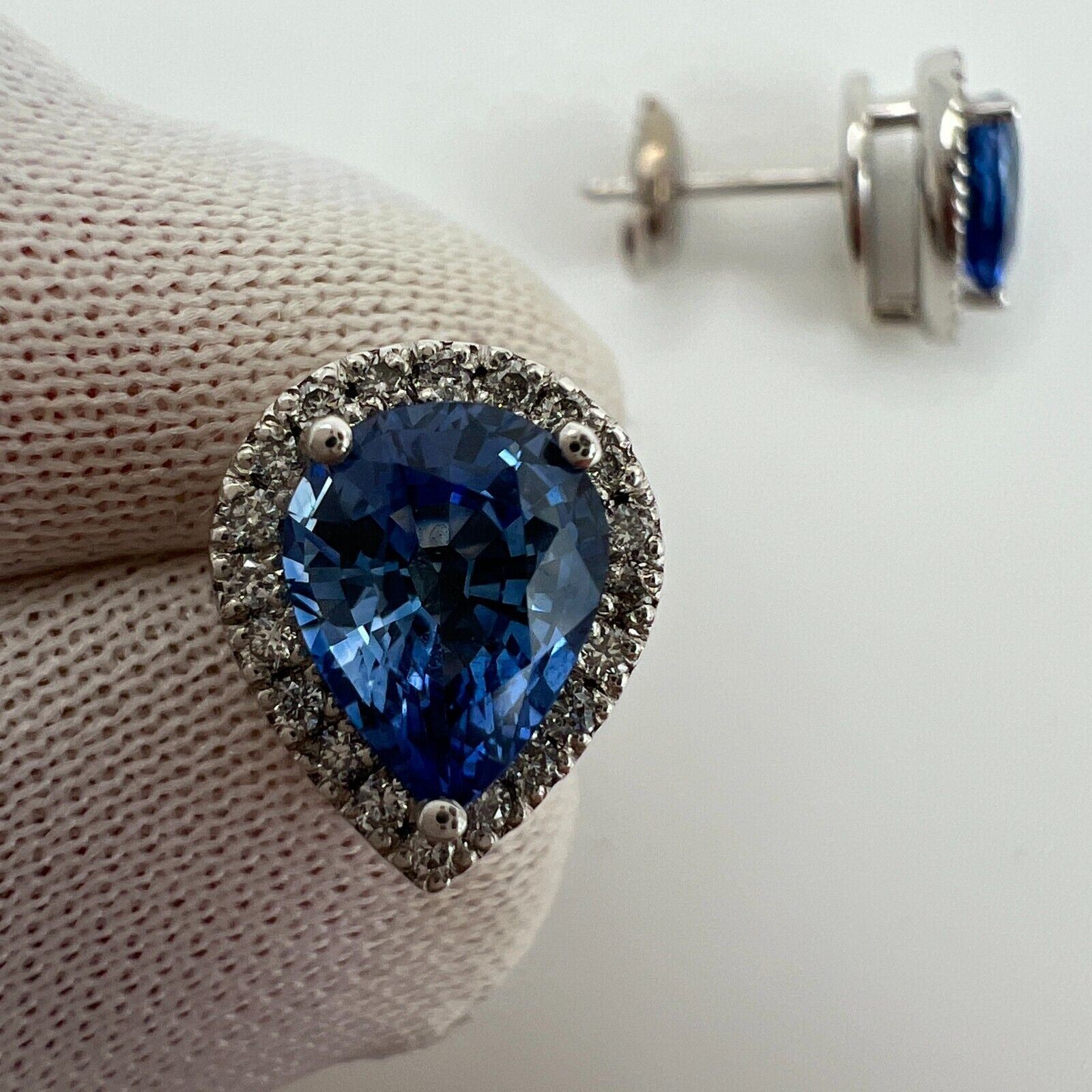 2.70ct Fine Blue Ceylon Sapphire Diamond 18k White Gold Pear Halo Stud Earrings — view 3