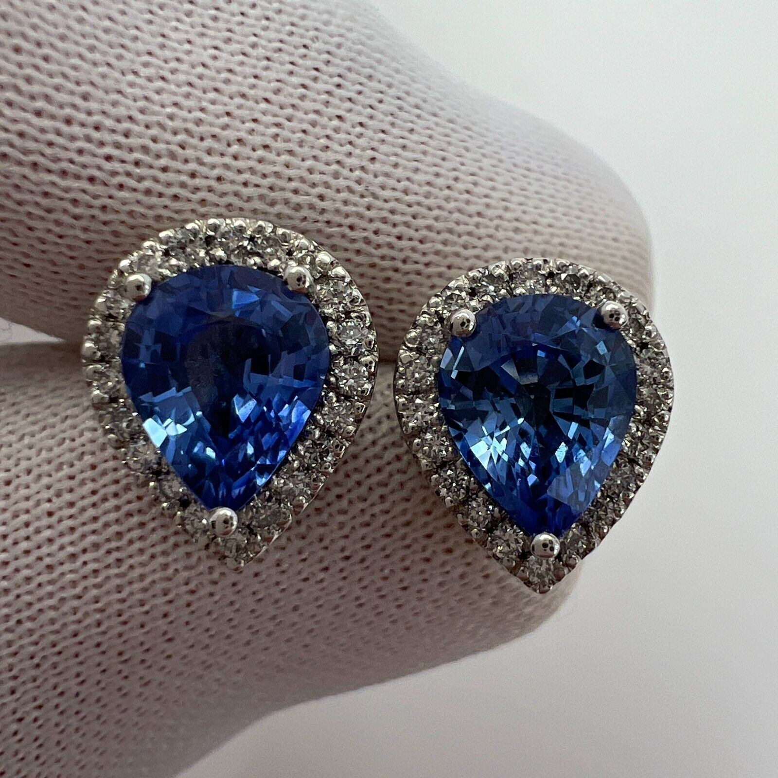 2.70ct Fine Blue Ceylon Sapphire Diamond 18k White Gold Pear Halo Stud Earrings — view 4