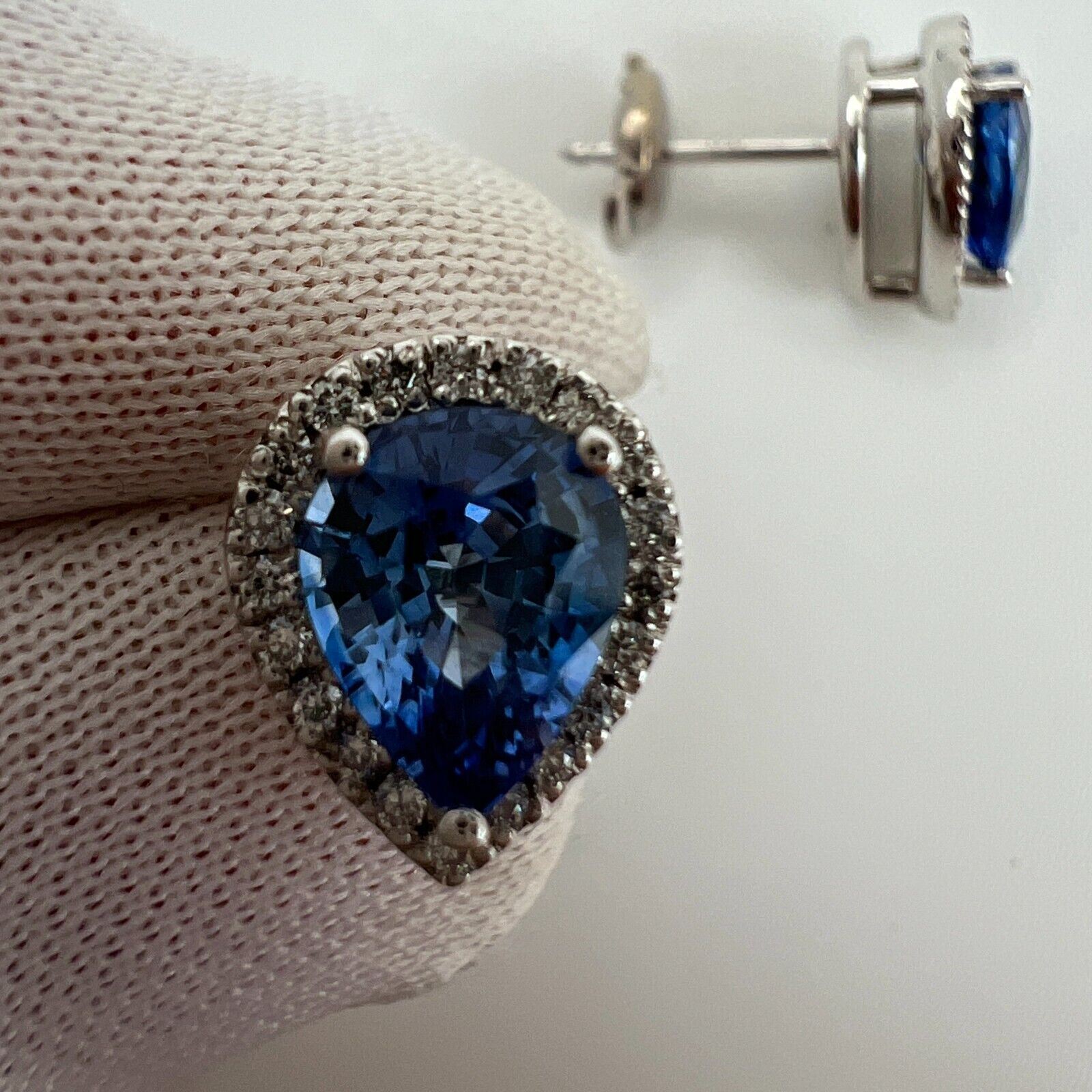 2.70ct Fine Blue Ceylon Sapphire Diamond 18k White Gold Pear Halo Stud Earrings — view 5