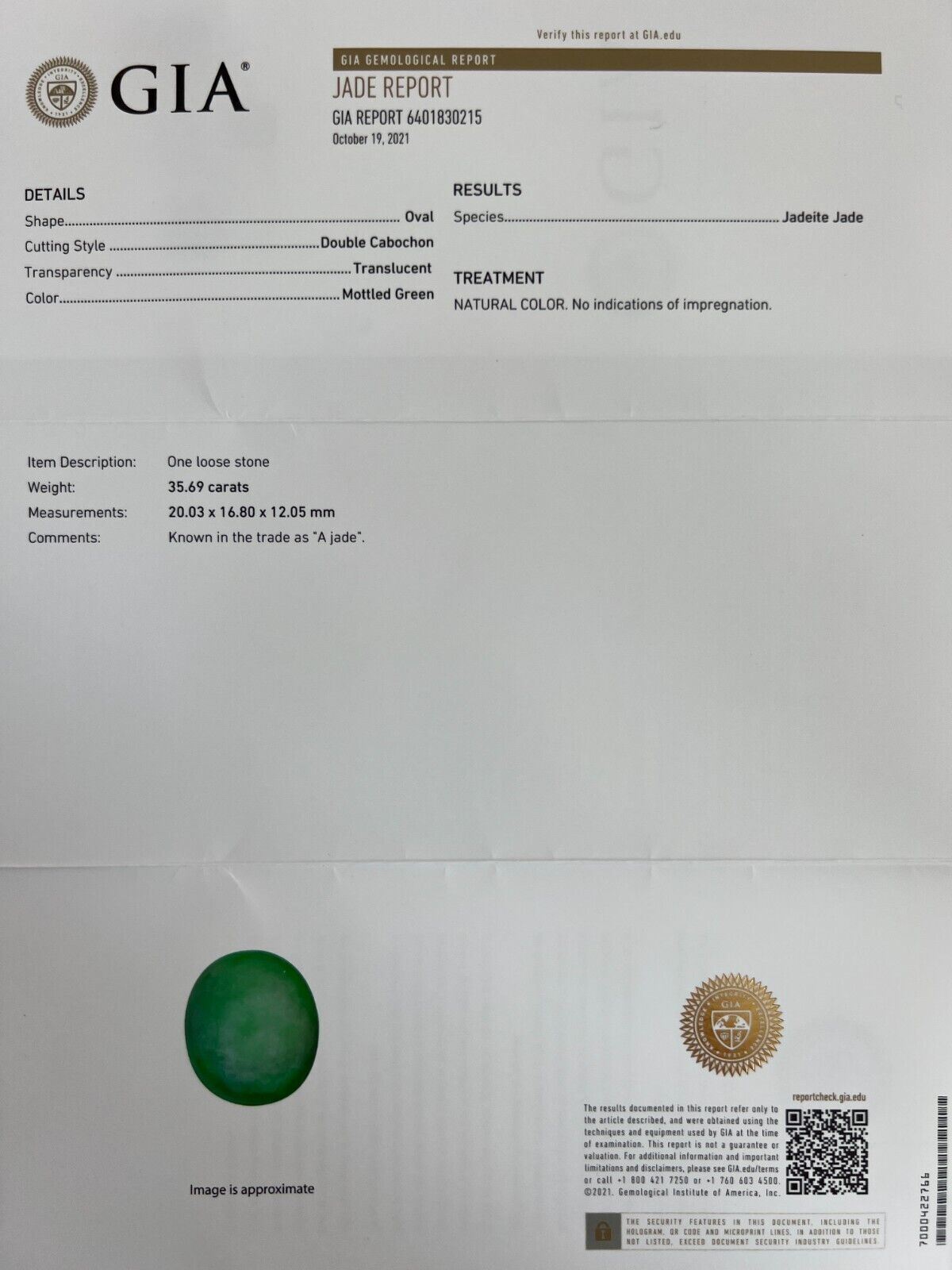 35.69ct GIA Certified Untreated Jadeite Jade A Grade 18k Yellow Gold Pendant — view 3