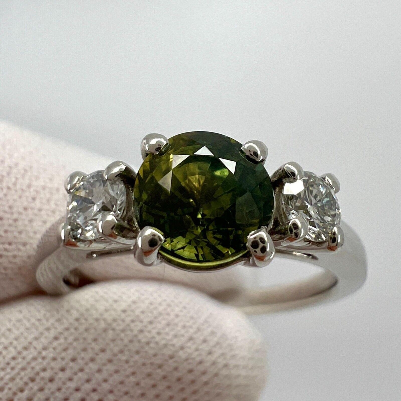 IGI Certified Untreated Bi Colour Sapphire & Diamond Three Stone Platinum Ring — view 4