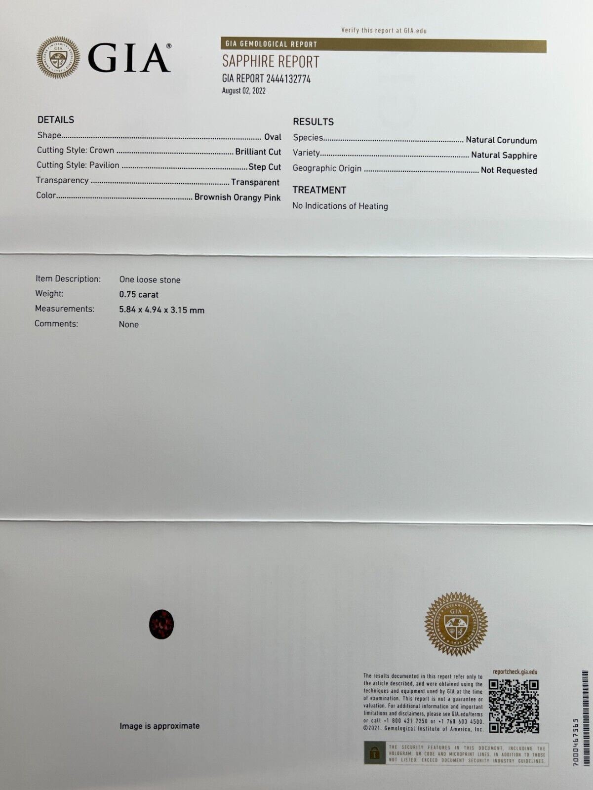 GIA CERTIFIED Unique Orange Pink UNHEATED Sapphire 0.75ct Oval Cut Gem No Heat — view 3
