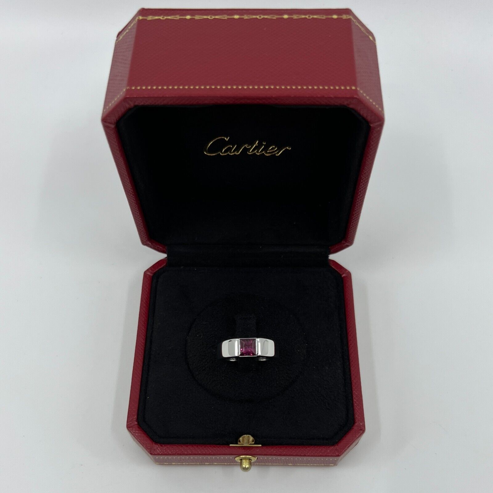RARE Vintage Cartier Vivid Pink Purple Rhodolite Garnet 18k White Gold Tank Ring — view 2
