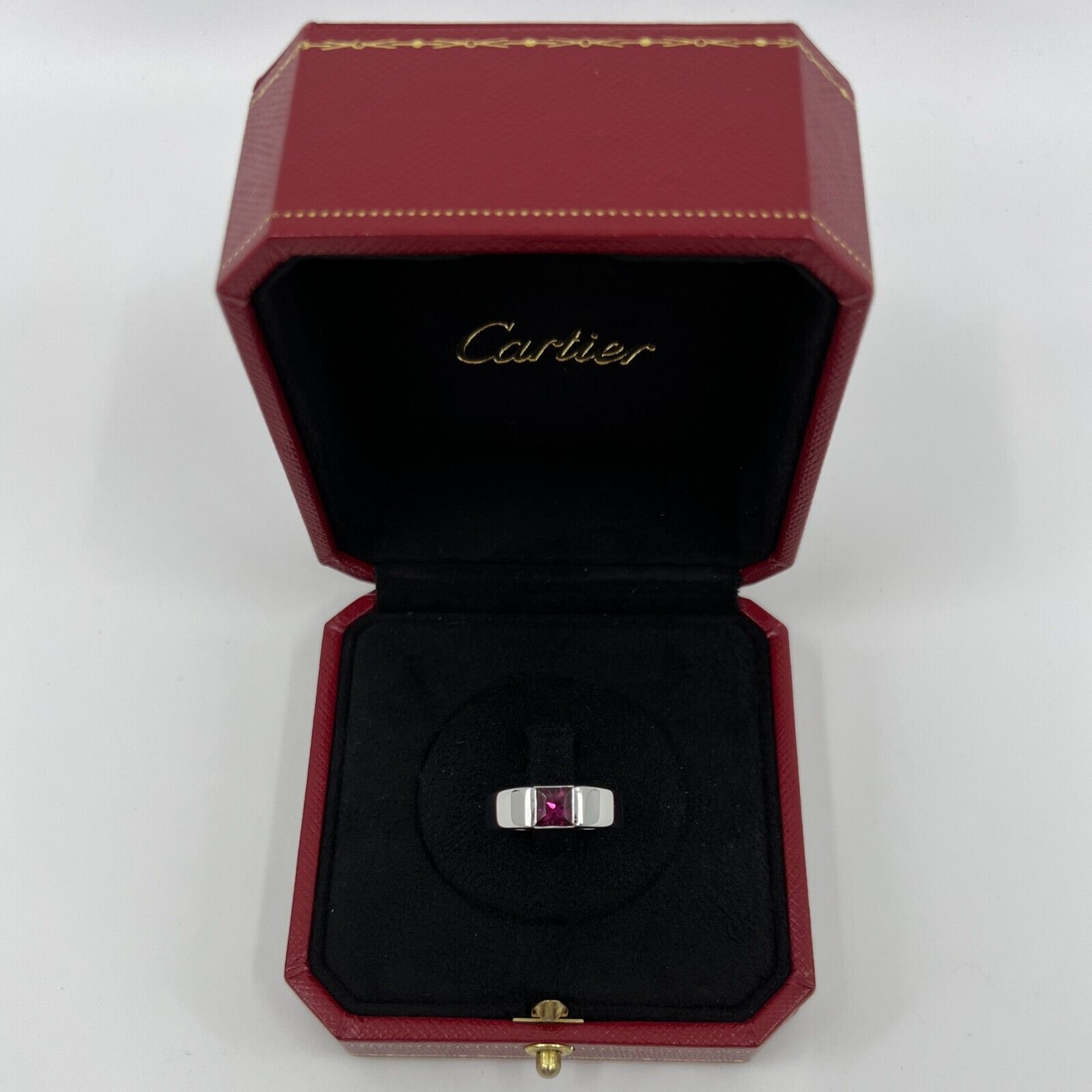 RARE Vintage Cartier Vivid Pink Purple Rhodolite Garnet 18k White Gold Tank Ring — view 5