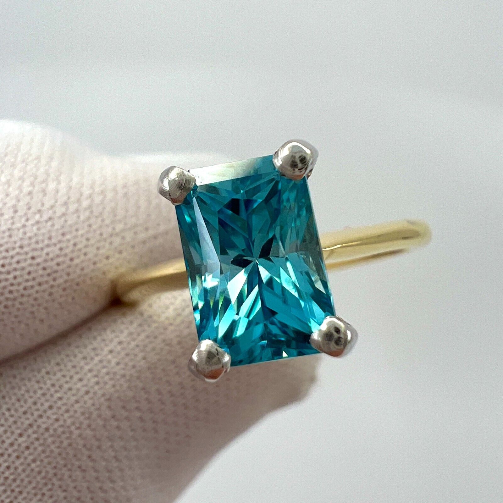 2.47ct Vivid Blue Zircon Fancy Emerald Radiant Cut 18k Gold Solitaire Ring — view 3