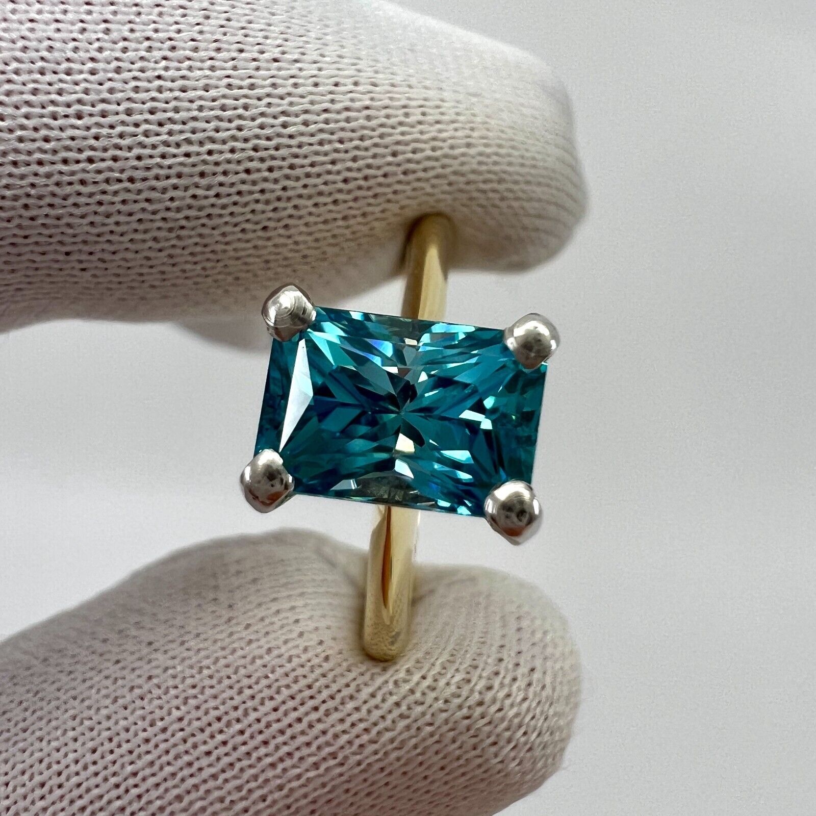2.47ct Vivid Blue Zircon Fancy Emerald Radiant Cut 18k Gold Solitaire Ring — view 4