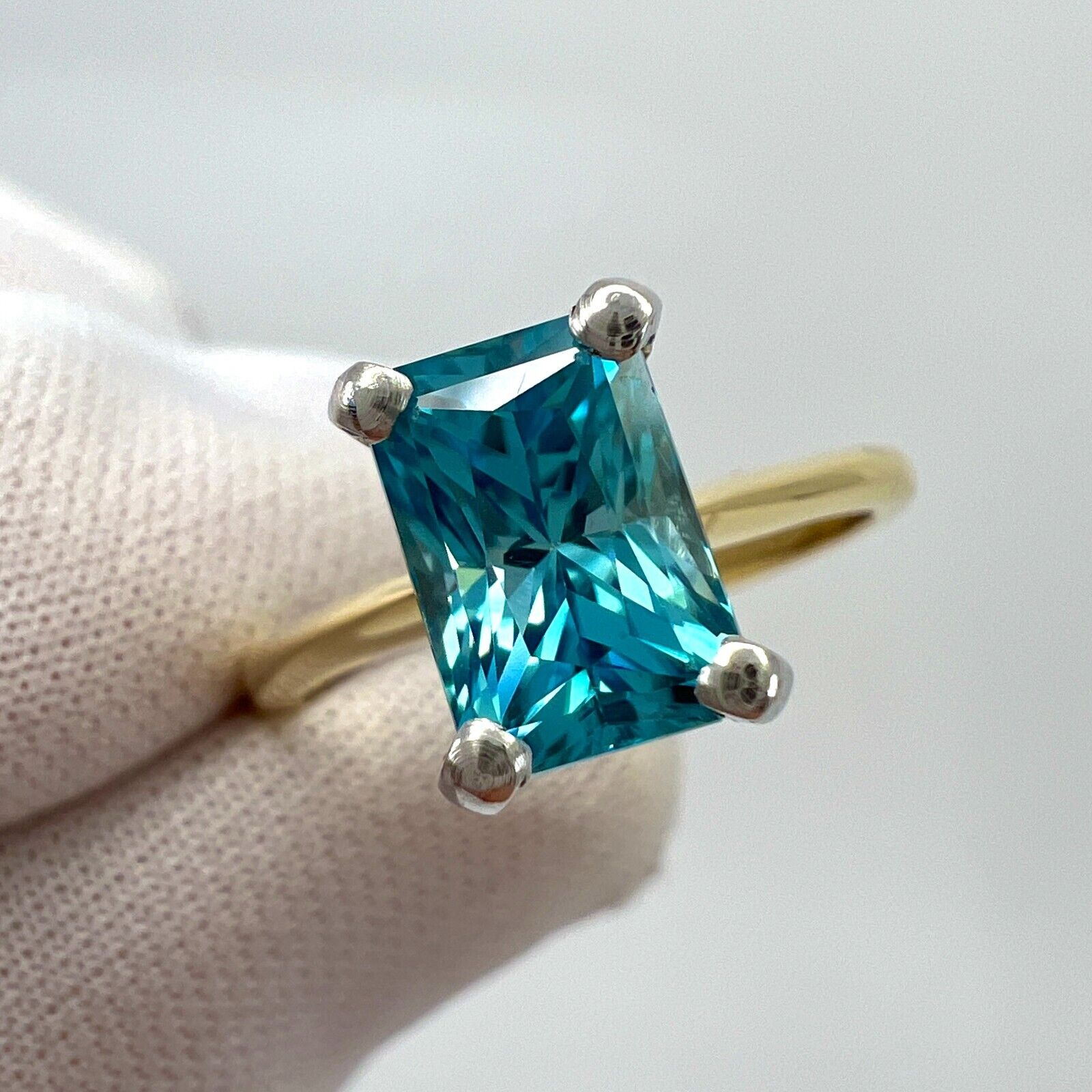 2.47ct Vivid Blue Zircon Fancy Emerald Radiant Cut 18k Gold Solitaire Ring — view 5