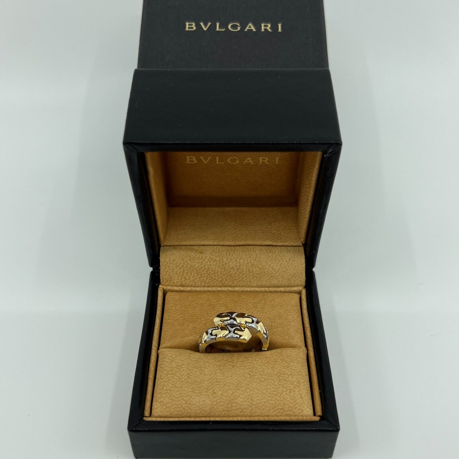 Rare Vintage Bvlgari Alveare Parentesi 18k Yellow Gold & Steel Spring Snake Ring — view 2