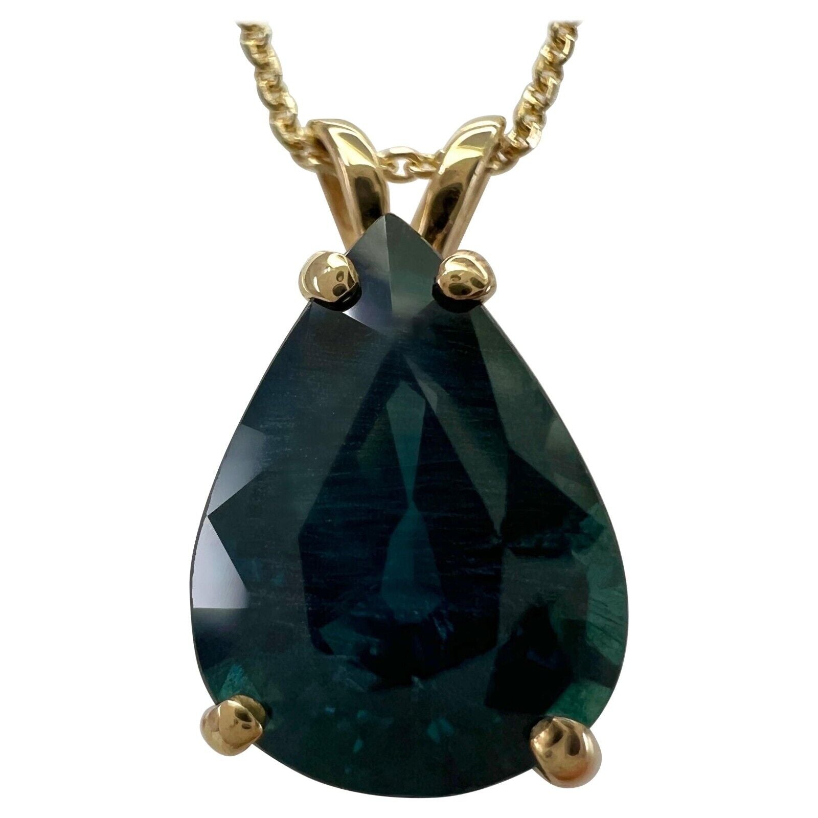 IGI CERTIFIED 3.27ct Deep Green Blue Thailand Sapphire Pear Cut Gold Pendant