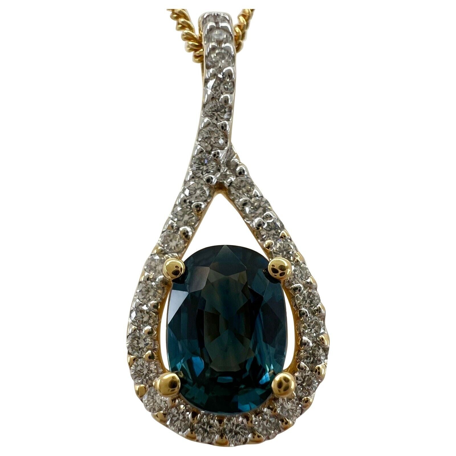 NATURAL 1.23ct Blue Sapphire & Diamond Crossover 18k Gold Oval Pendant Necklace — view 1