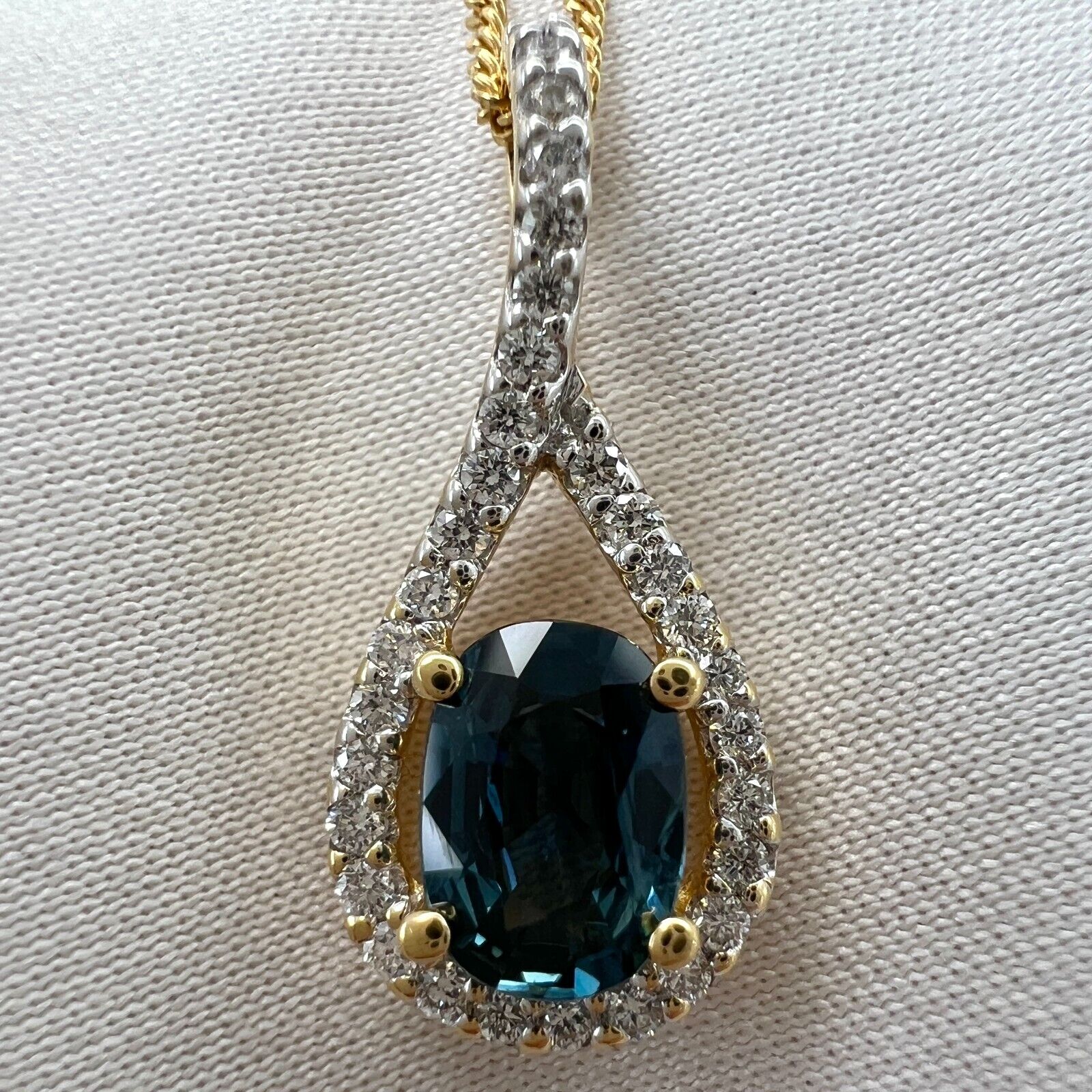 NATURAL 1.23ct Blue Sapphire & Diamond Crossover 18k Gold Oval Pendant Necklace — view 4