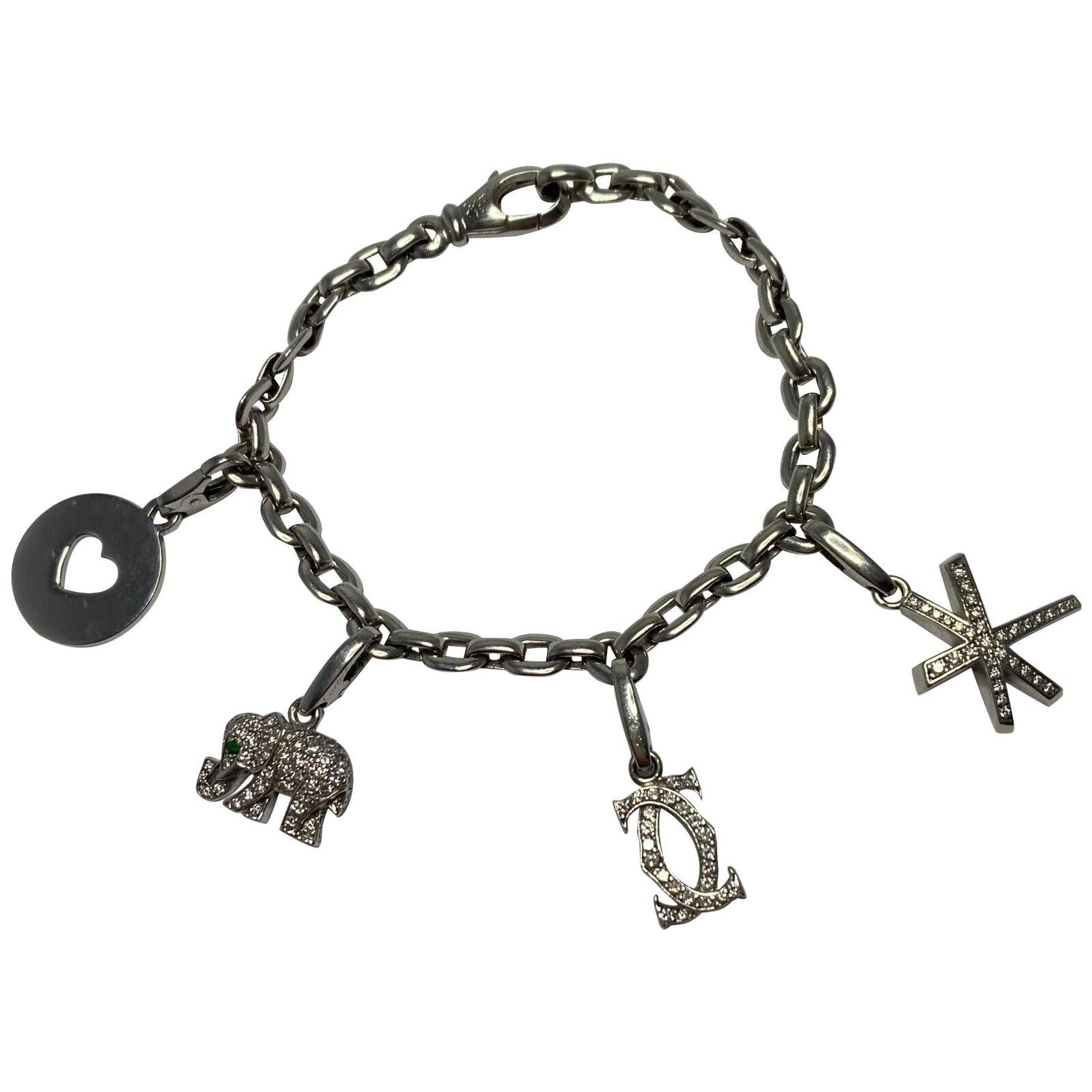 Cartier Meplat Charm Bracelet 18k White Gold Diamond Khandy Elephant Star Heart