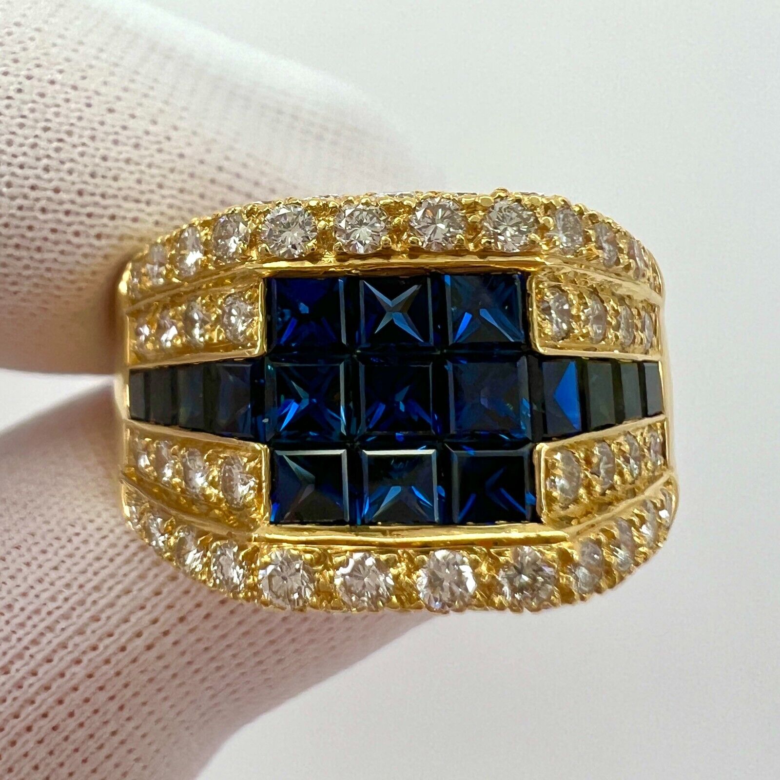 3.80ct Vintage French Mystery Set Blue Sapphire Diamond 18k Yellow Gold Ring — view 2