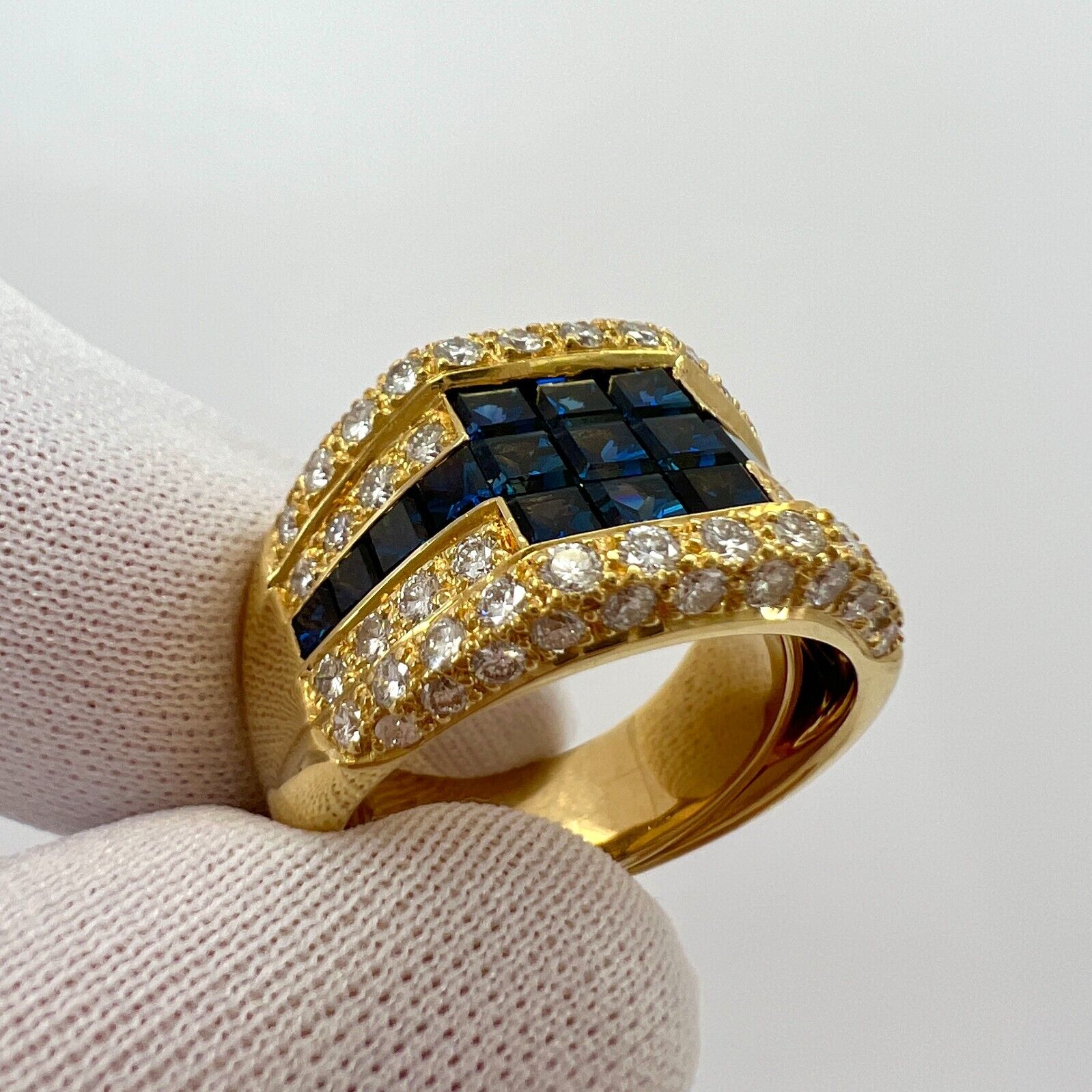 3.80ct Vintage French Mystery Set Blue Sapphire Diamond 18k Yellow Gold Ring — view 4