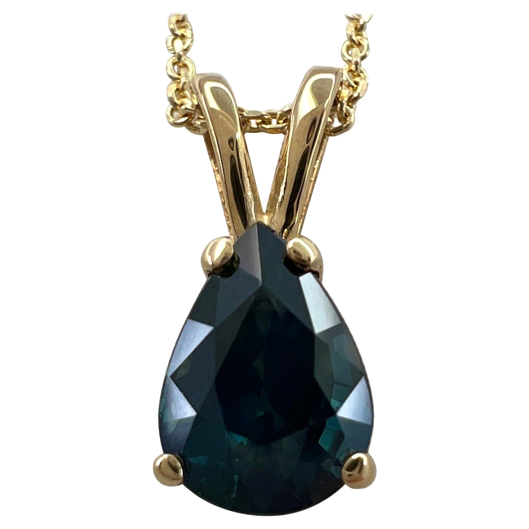 1.08ct IGI Certified Untreated Deep Green Blue Sapphire Pear Cut Gold Pendant — view 1