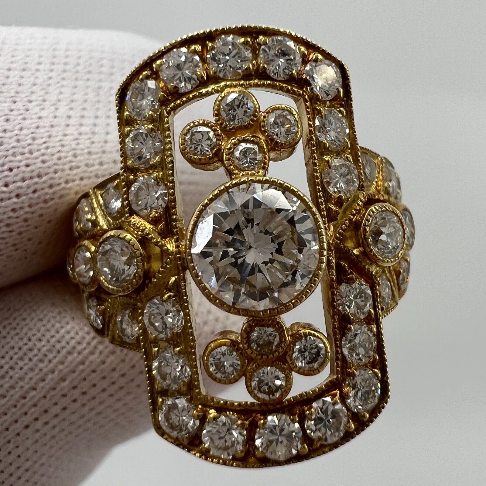 1.702ct Art Deco Vintage White Diamond Cluster Handmade 18k Yellow Gold Ring — view 2