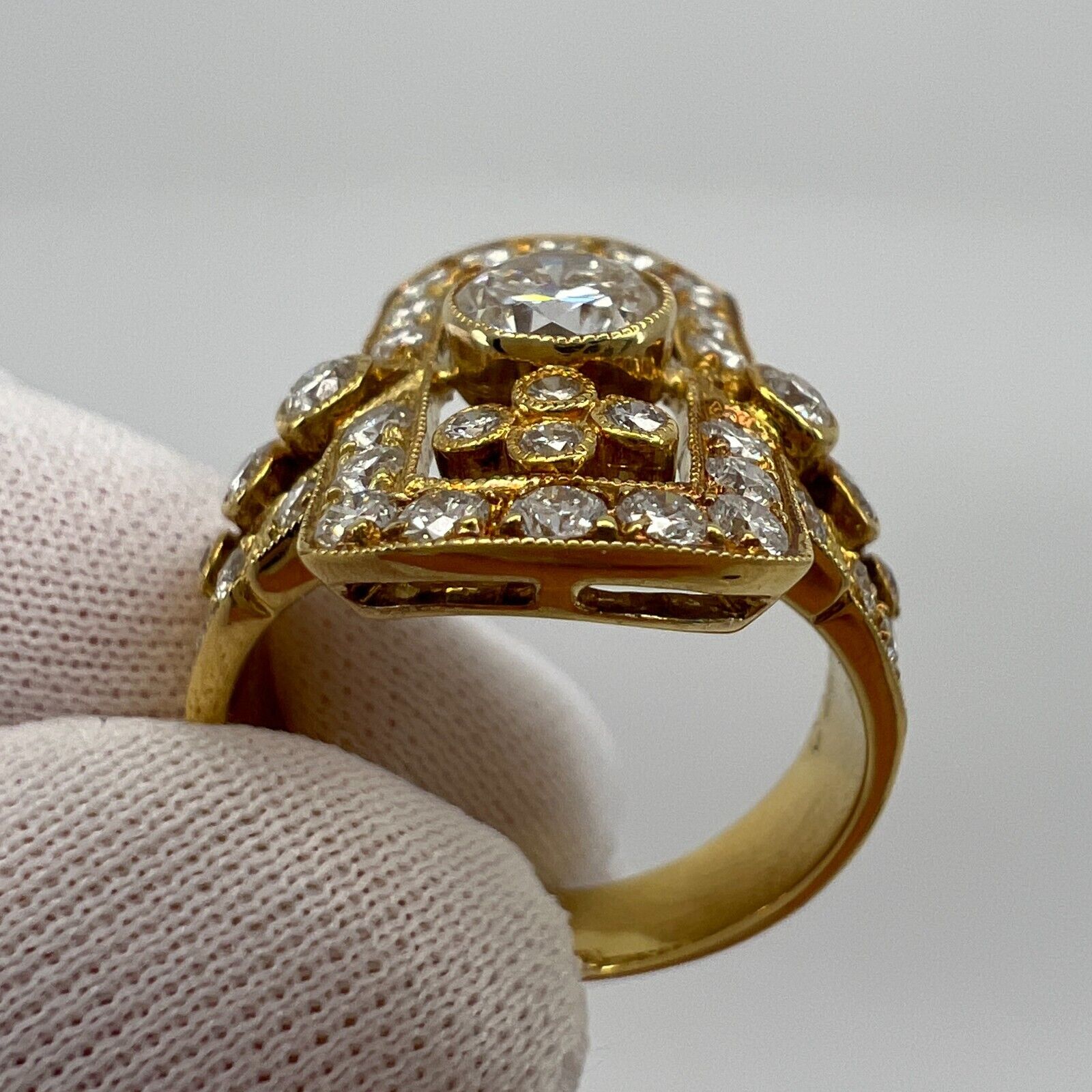 1.702ct Art Deco Vintage White Diamond Cluster Handmade 18k Yellow Gold Ring — view 5