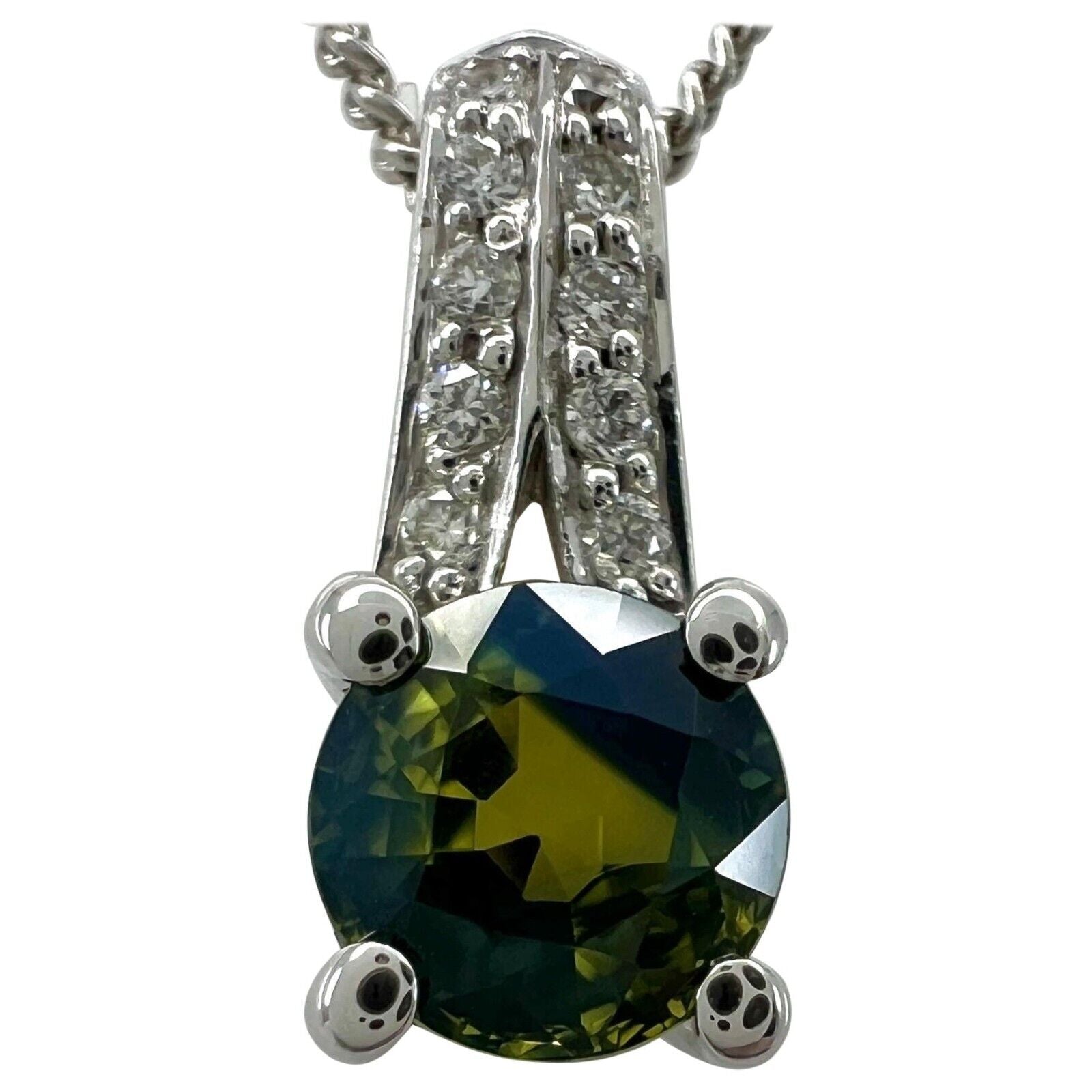Natural Bi Colour Australian Sapphire And Diamond 18k White Gold Round Pendant
