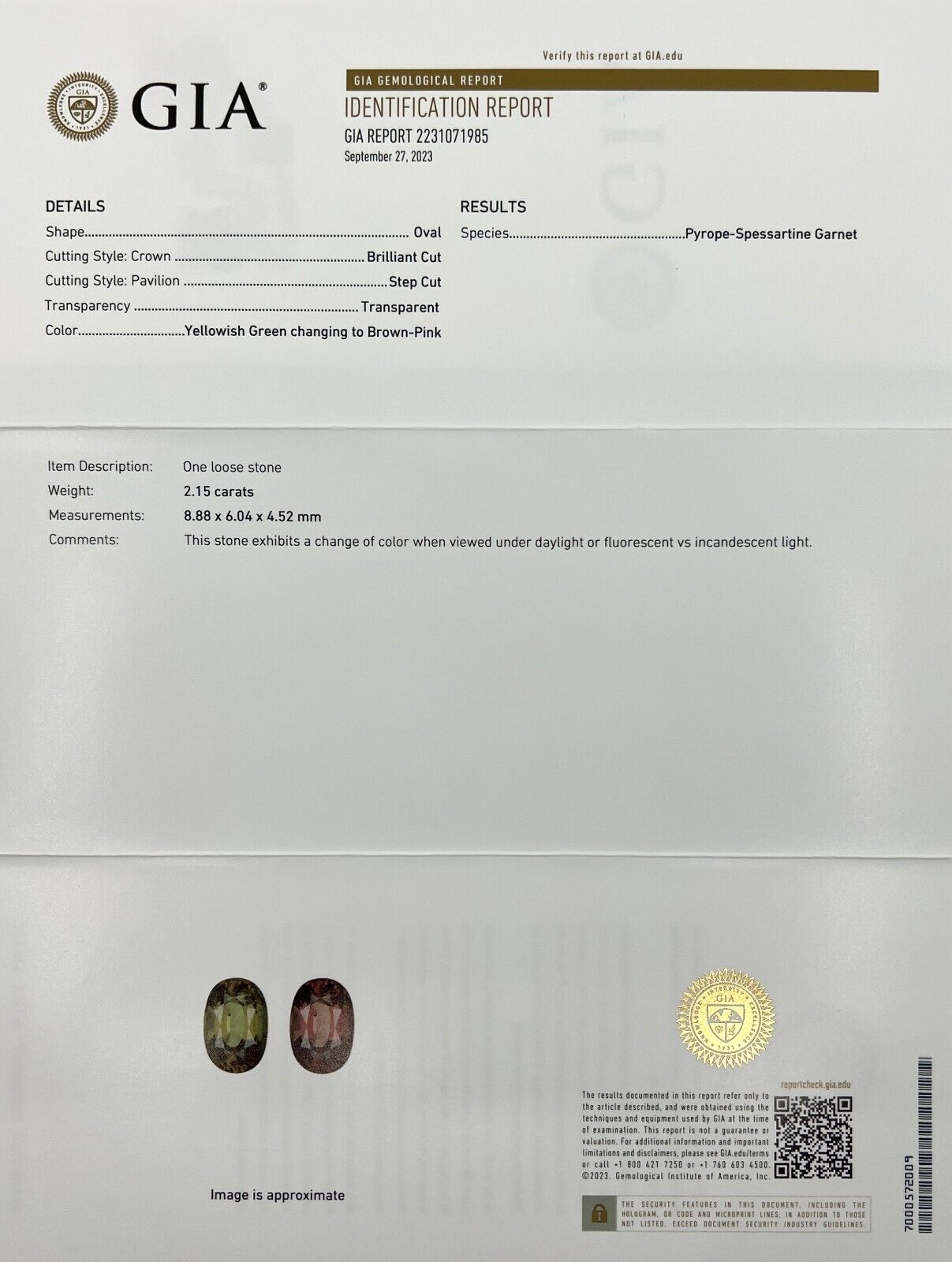 2.15ct NATURAL Colour Change Garnet GIA Certified UNTREATED Pyrope Spessartine — view 2